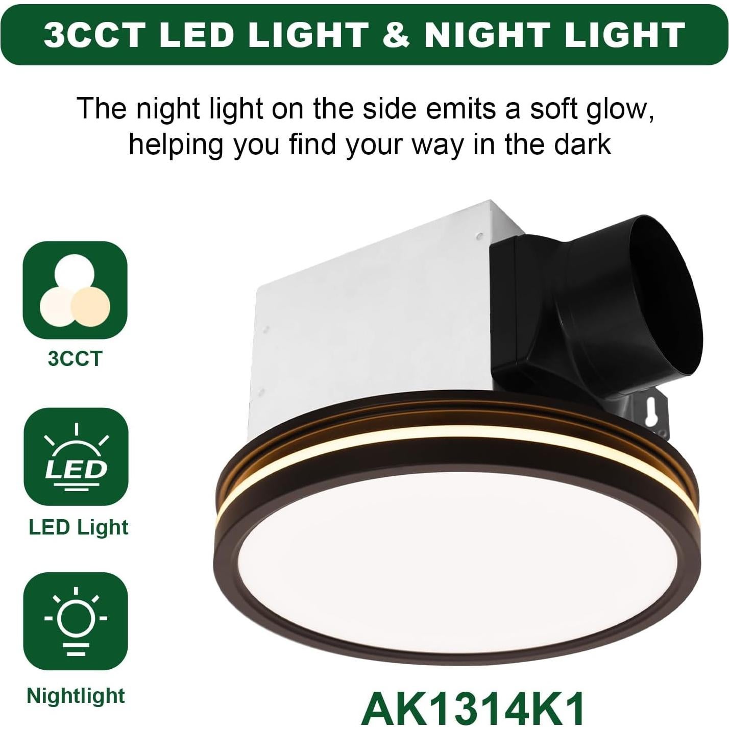 Ventilador de Baño Akicon con Luz LED 15W y 80 CFM Negro