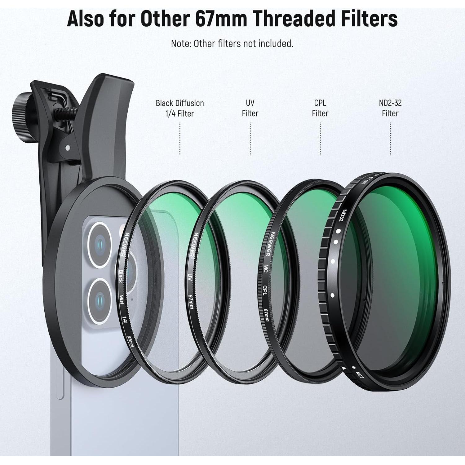 Filtro CPL y Difusión 67mm NEEWER para iPhone 16 15 14 13