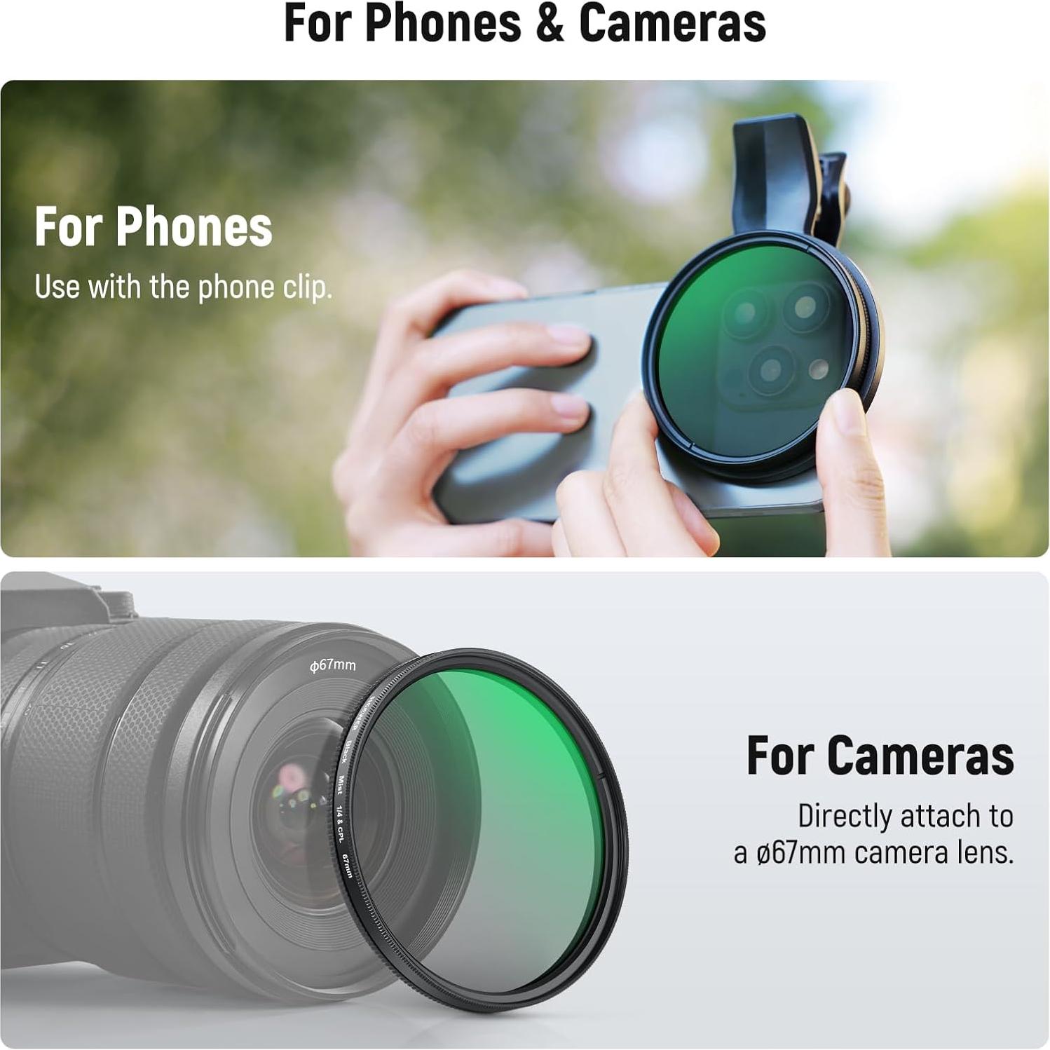 Filtro CPL y Difusión 67mm NEEWER para iPhone 16 15 14 13