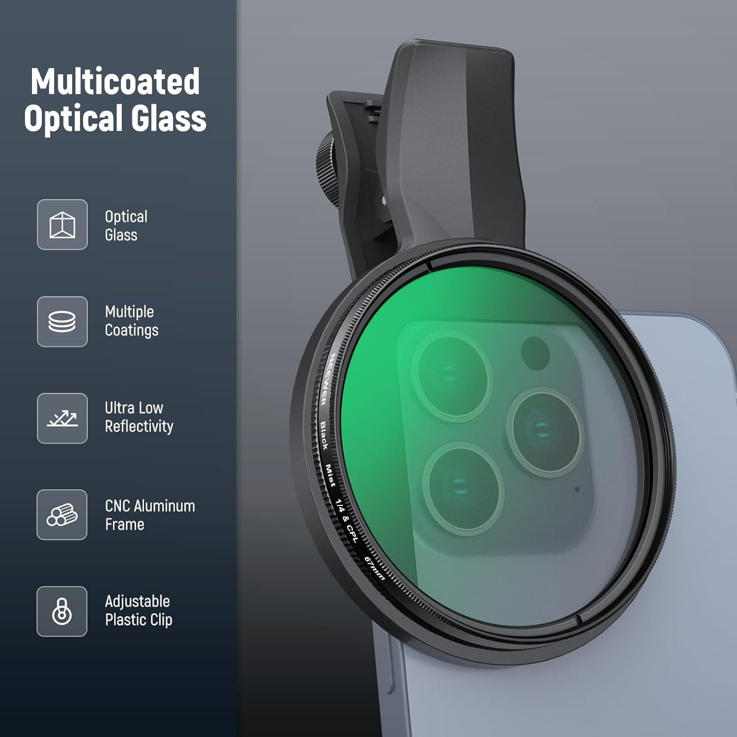 Filtro CPL y Difusión 67mm NEEWER para iPhone 16 15 14 13