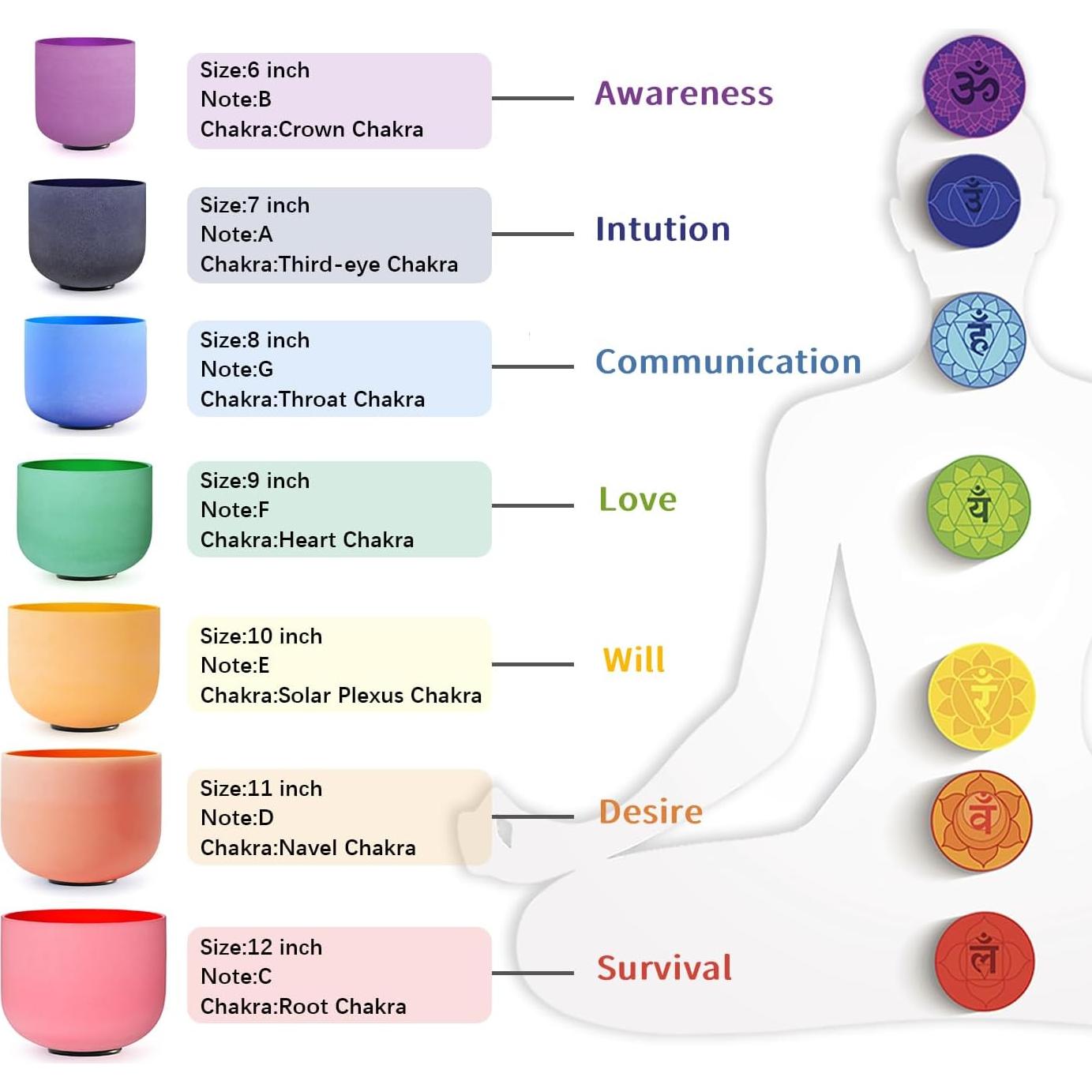 Juego de 7 Cuencos de Cuarzo 15-30 cm CVNC para Meditación