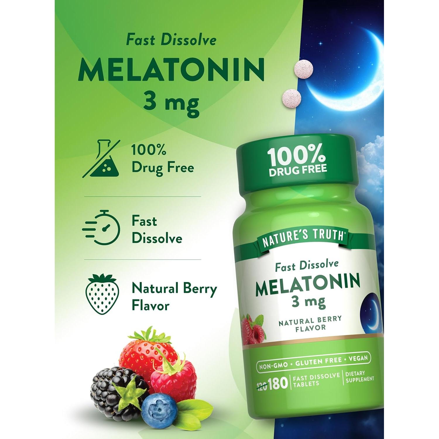 Tabletas de Melatonina 3mg Nature's Truth - 180 Tabletas Veganas