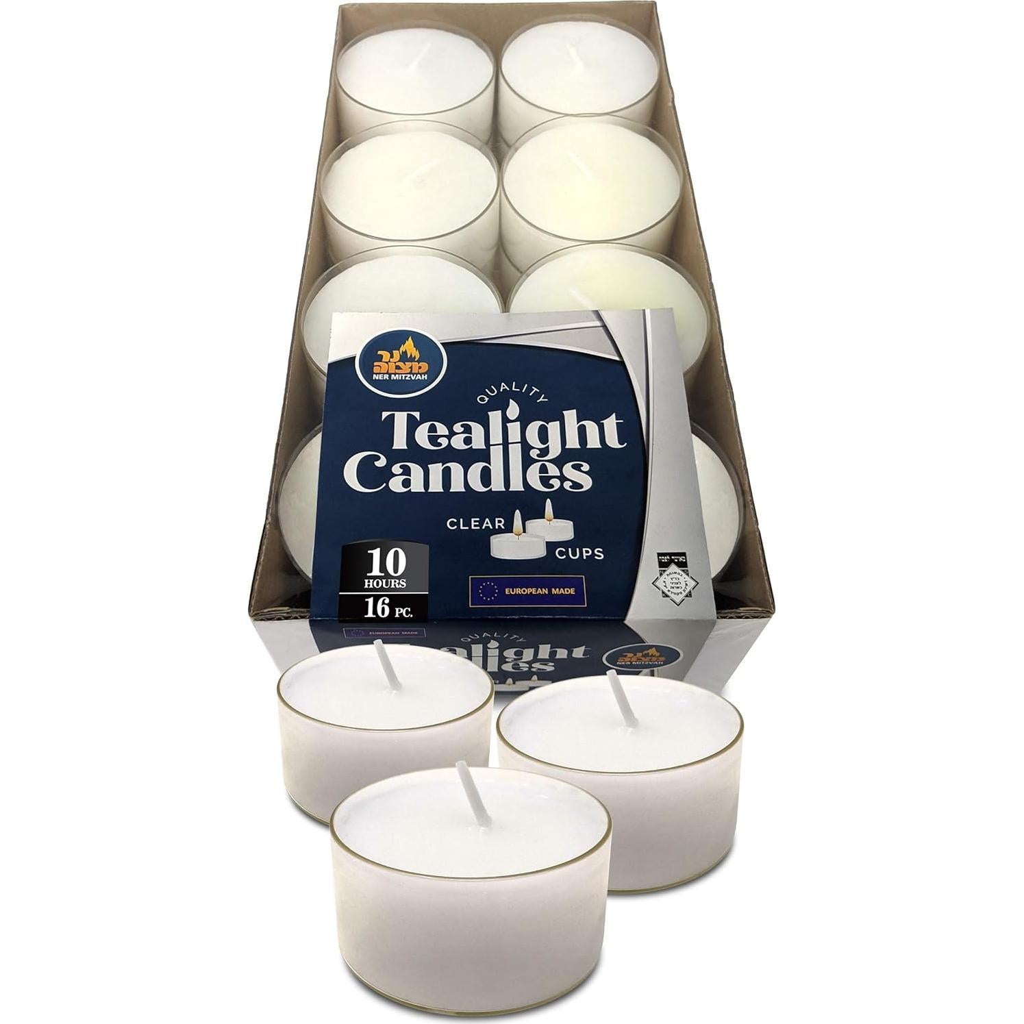 Velas de té blancas Ner Mitzvah - Paquete de 16 - 10 horas