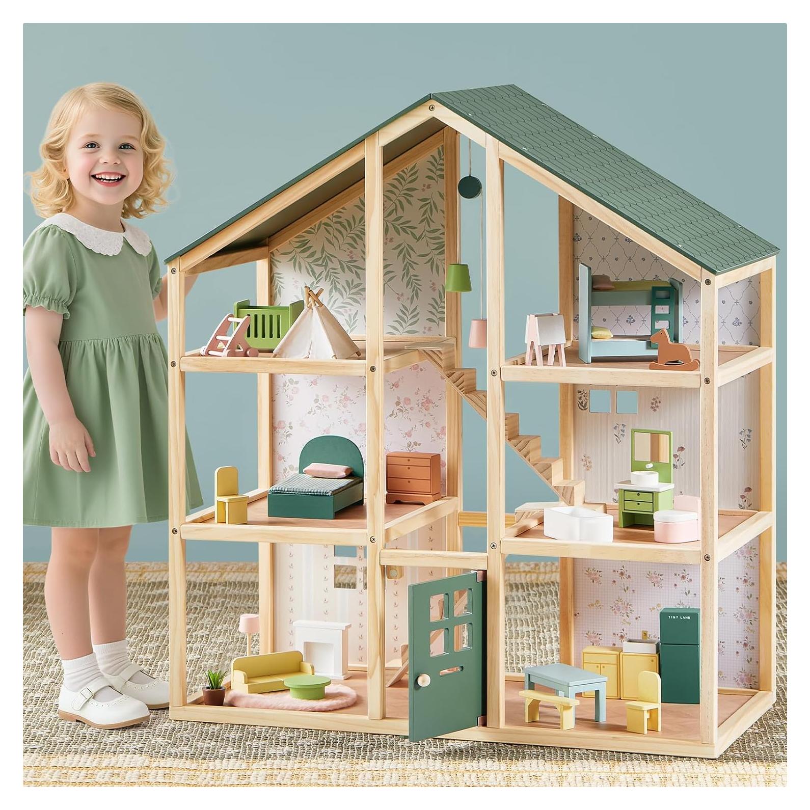 Casa de Muñecas de Madera Tiny Land 6 Habitaciones Verde