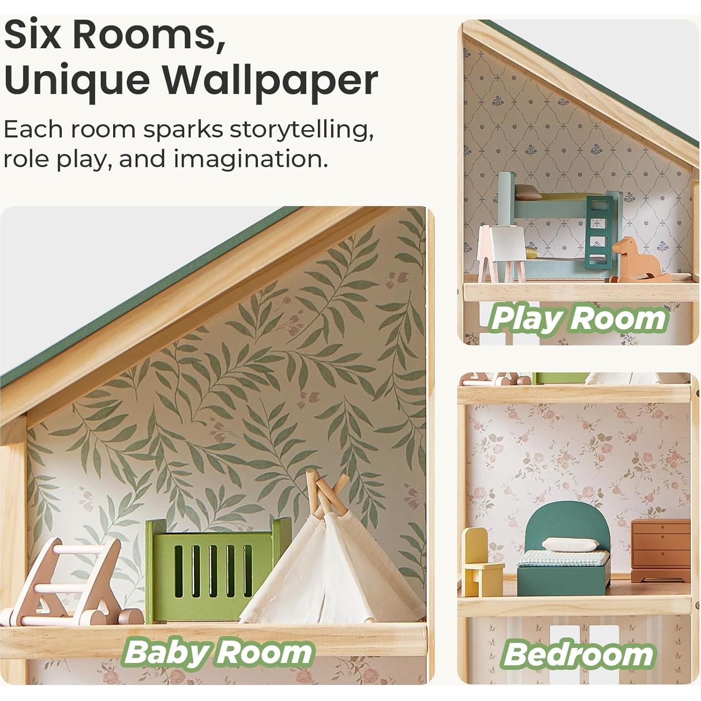 Casa de Muñecas de Madera Tiny Land 6 Habitaciones Verde