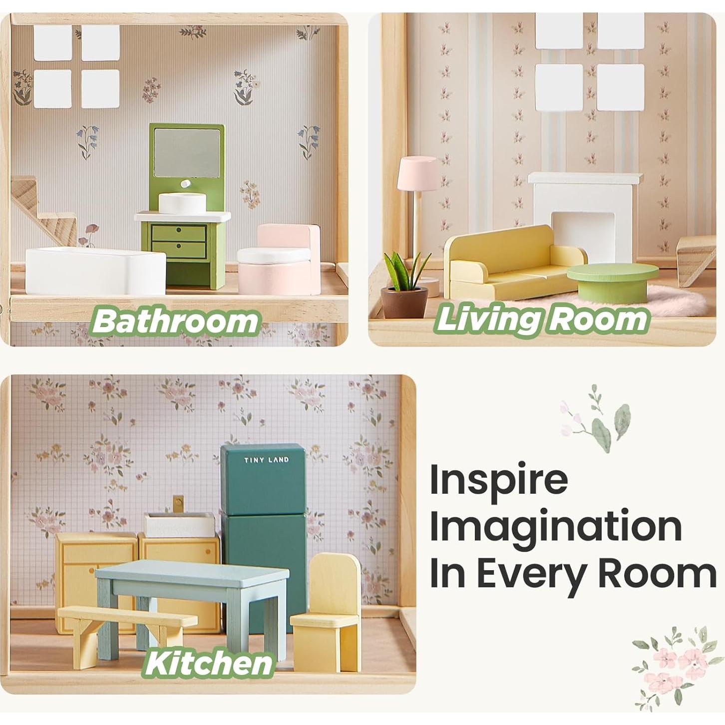 Casa de Muñecas de Madera Tiny Land 6 Habitaciones Verde