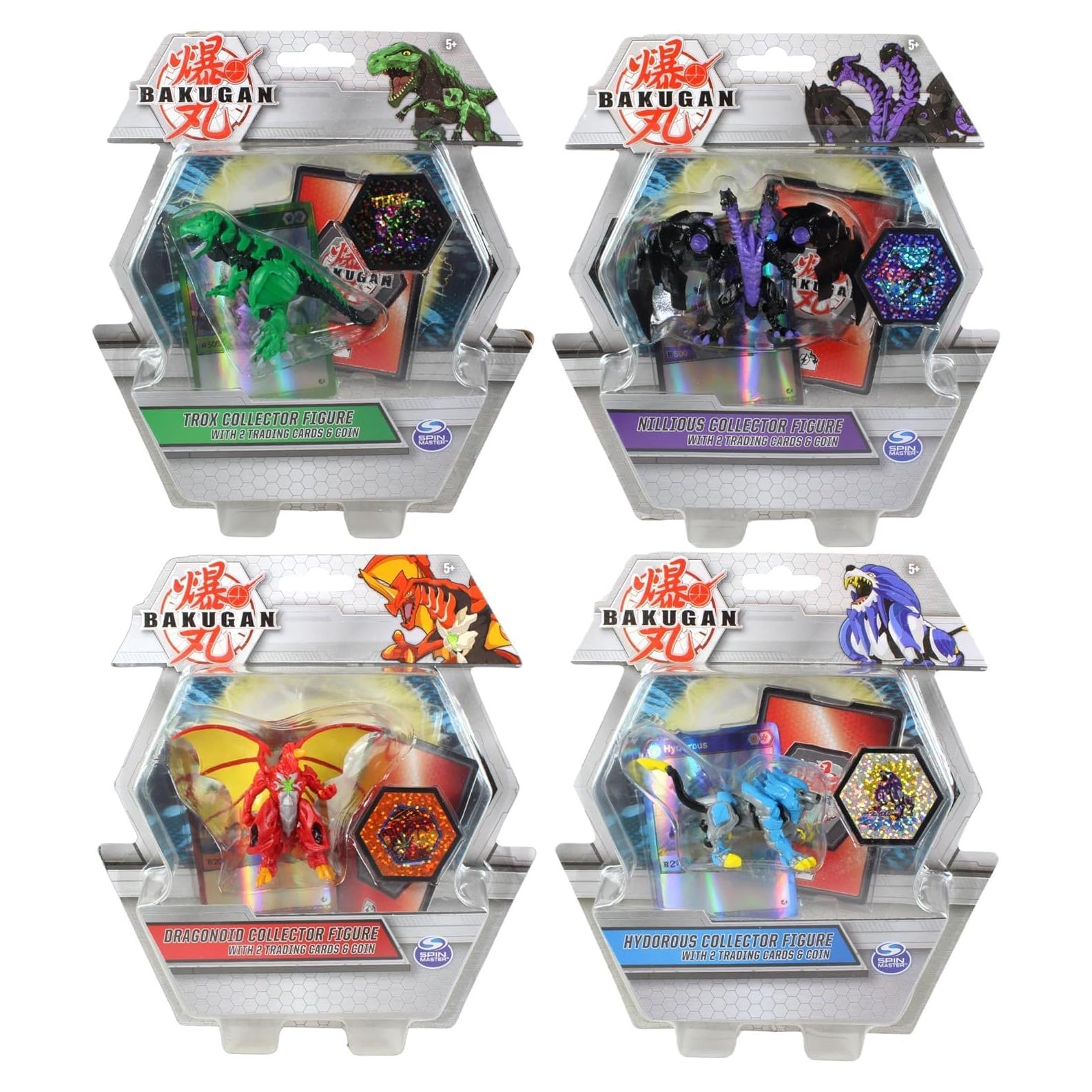 Figuras de Colección Deluxe Bakugan Trox, Nillious, Dragonoid y Hydorous - Set de 4 con Tarjetas y Moneda