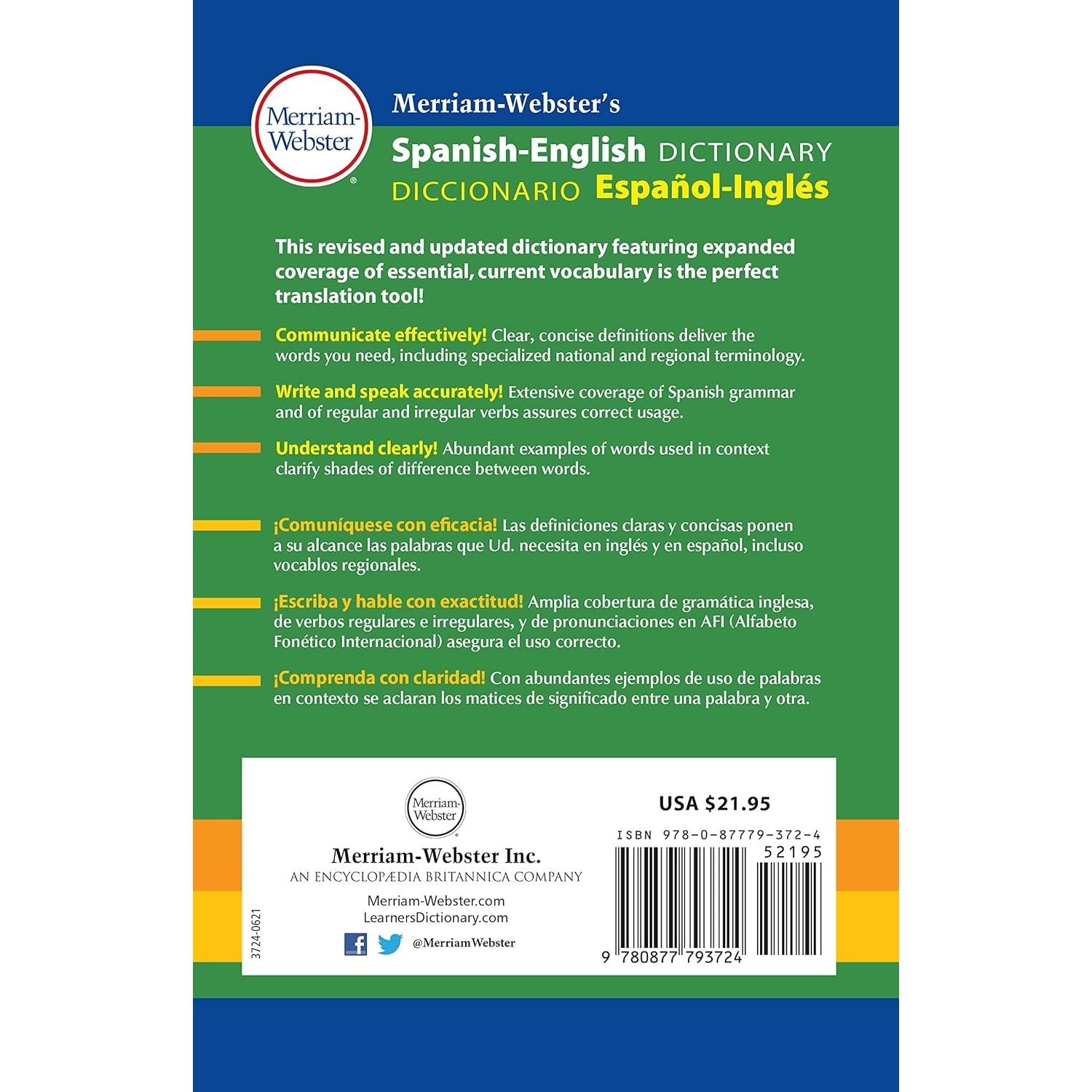 Merriam-Webster’s Spanish-English Dictionary (Multilingual Edition) Newest Edition, 2021 Copyright (Hardcover) (English and Spanish Edition)