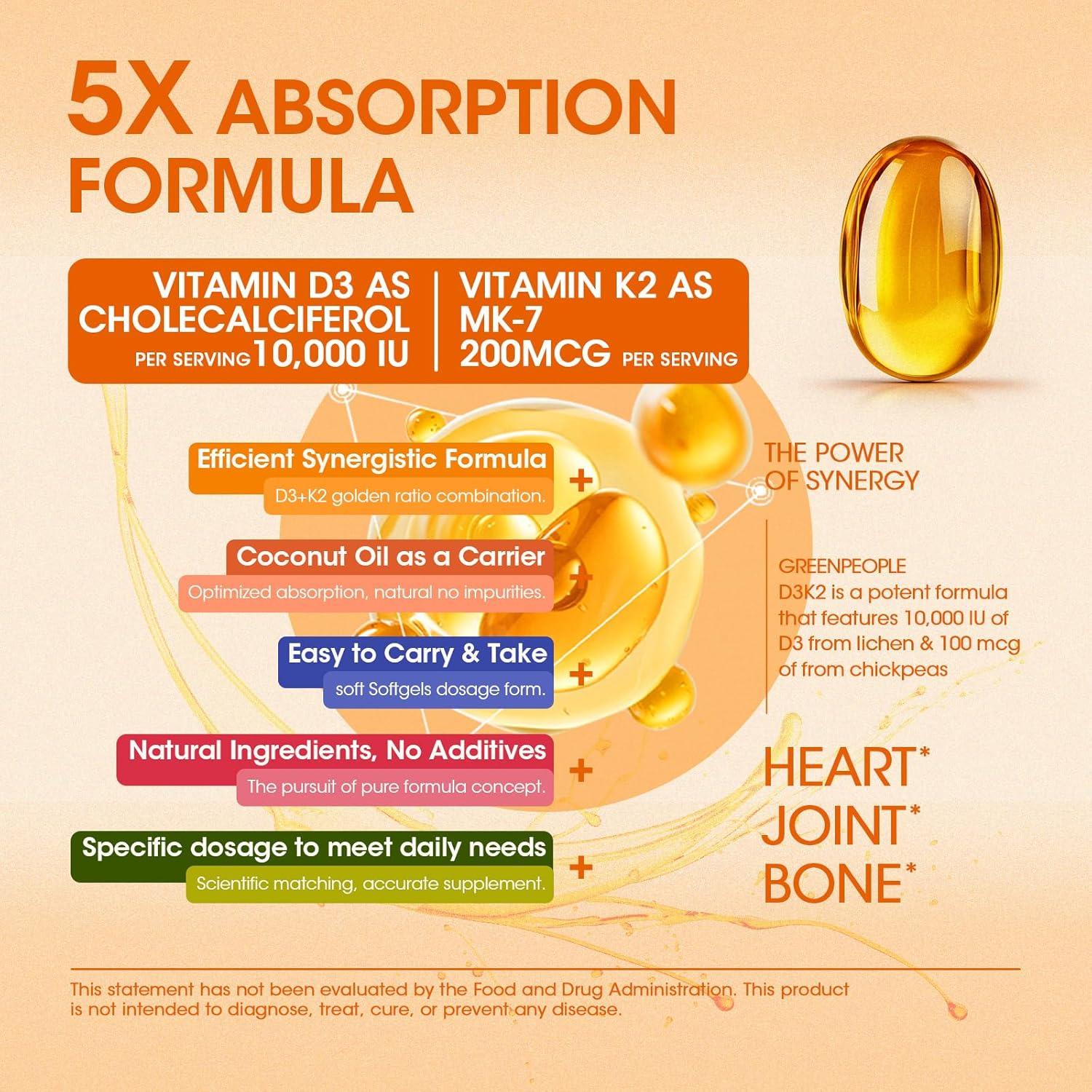 Suplemento Vitamina K2 D3 Greenpeople 10,000 UI 300 Cápsulas Veganas