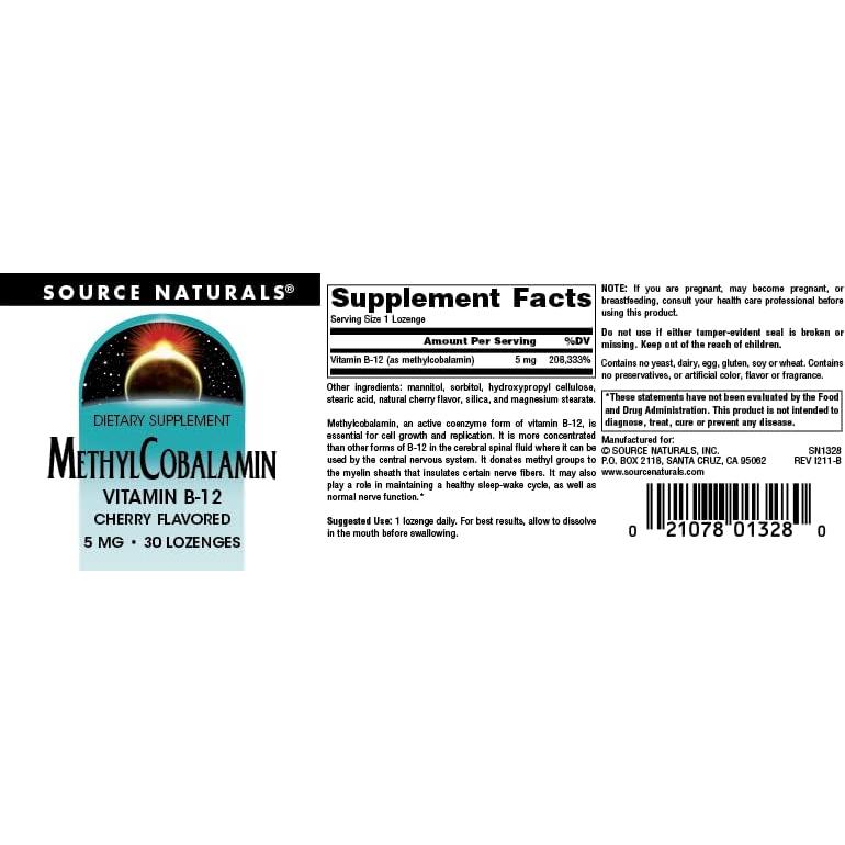 Vitamina B-12 Methylcobalamin Source Naturals 5mg Sabor Cereza - 30 Pastillas