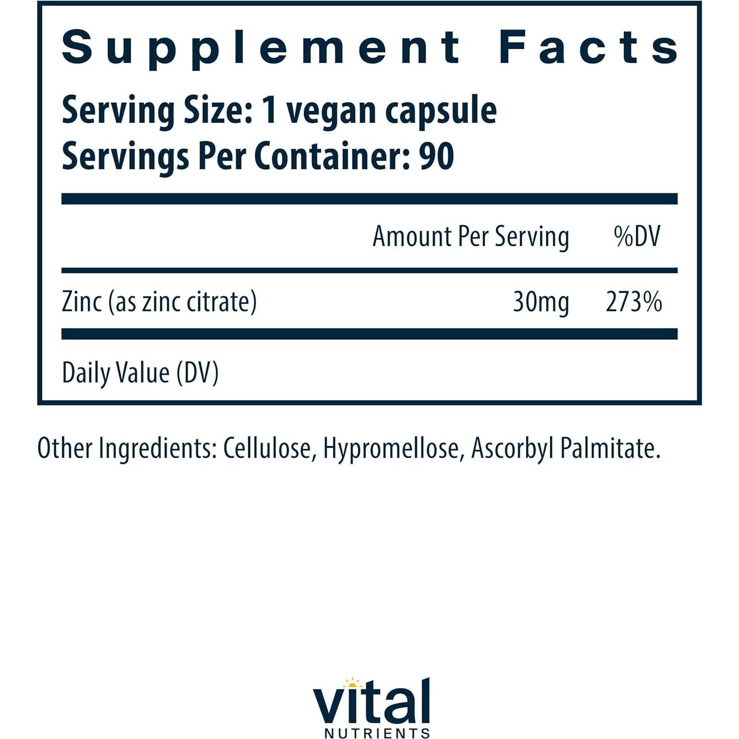 Citrato de Zinc 30mg Vital Nutrients - Suplemento Vegano 90 Cápsulas