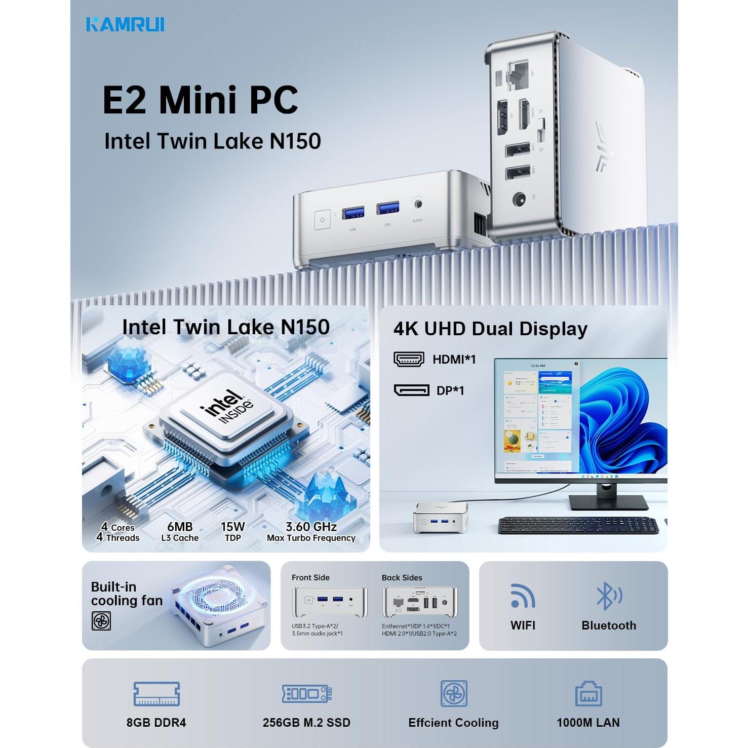 Mini PC KAMRUI Essenx E2 N150 8GB RAM 256GB SSD 4K