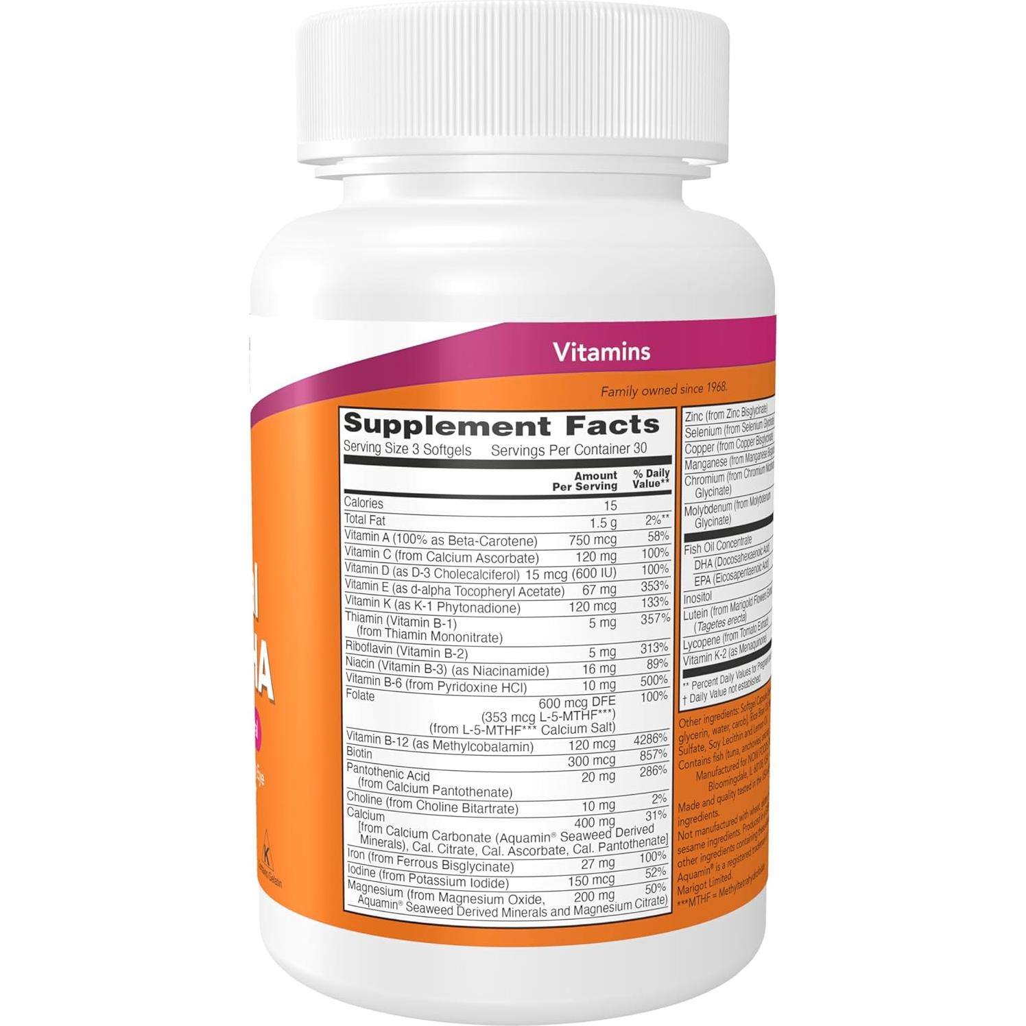 Suplemento Prenatal NOW con DHA 250 mg y Aceite de Borraja 90 Softgels