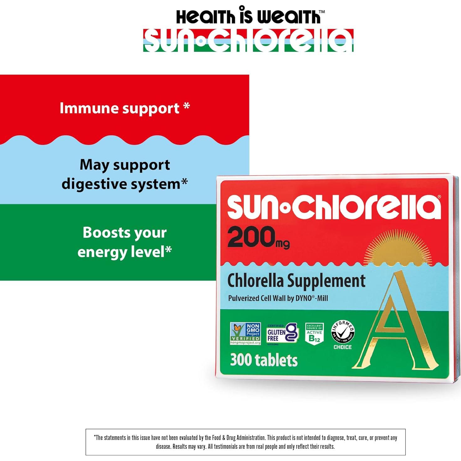 Sun Chlorella 200 mg Suplemento de Algas Verdes - 300 Tabletas