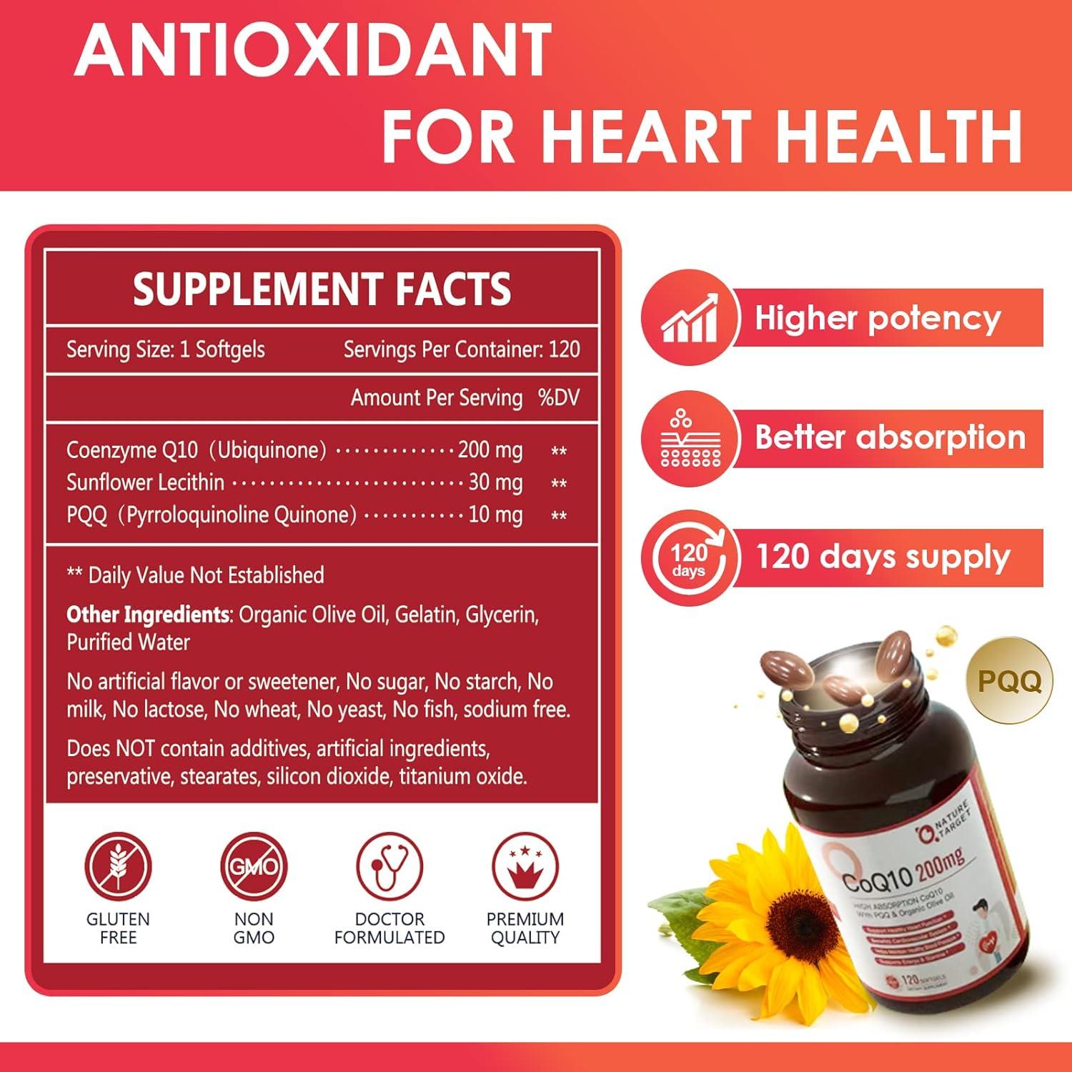 CoQ10 200mg Nature Target - Cápsulas Blandas con PQQ y Aceite de Oliva Orgánico - 120 Porciones