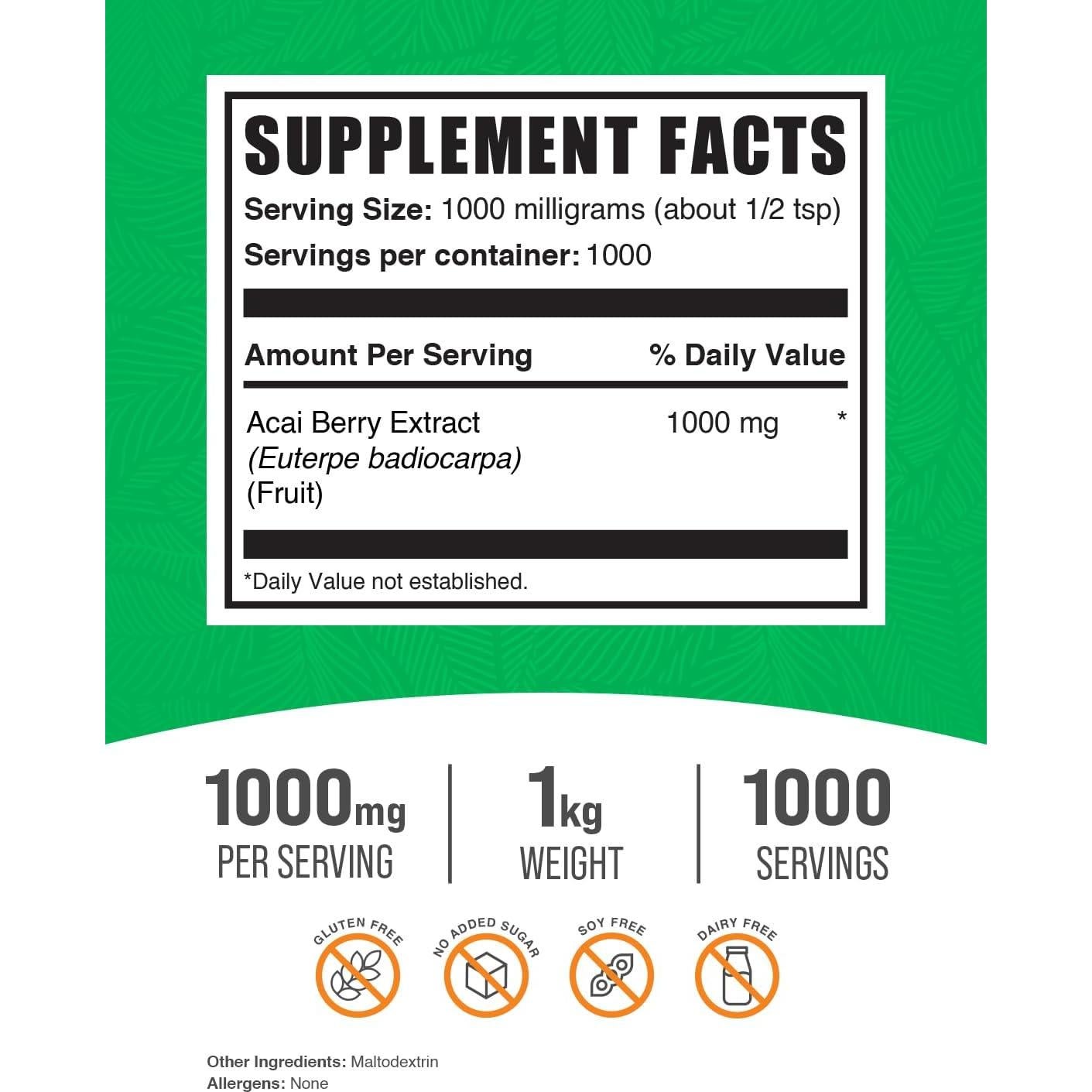 Polvo de Extracto de Baya de Acai BulkSupplements 1kg Antioxidantes