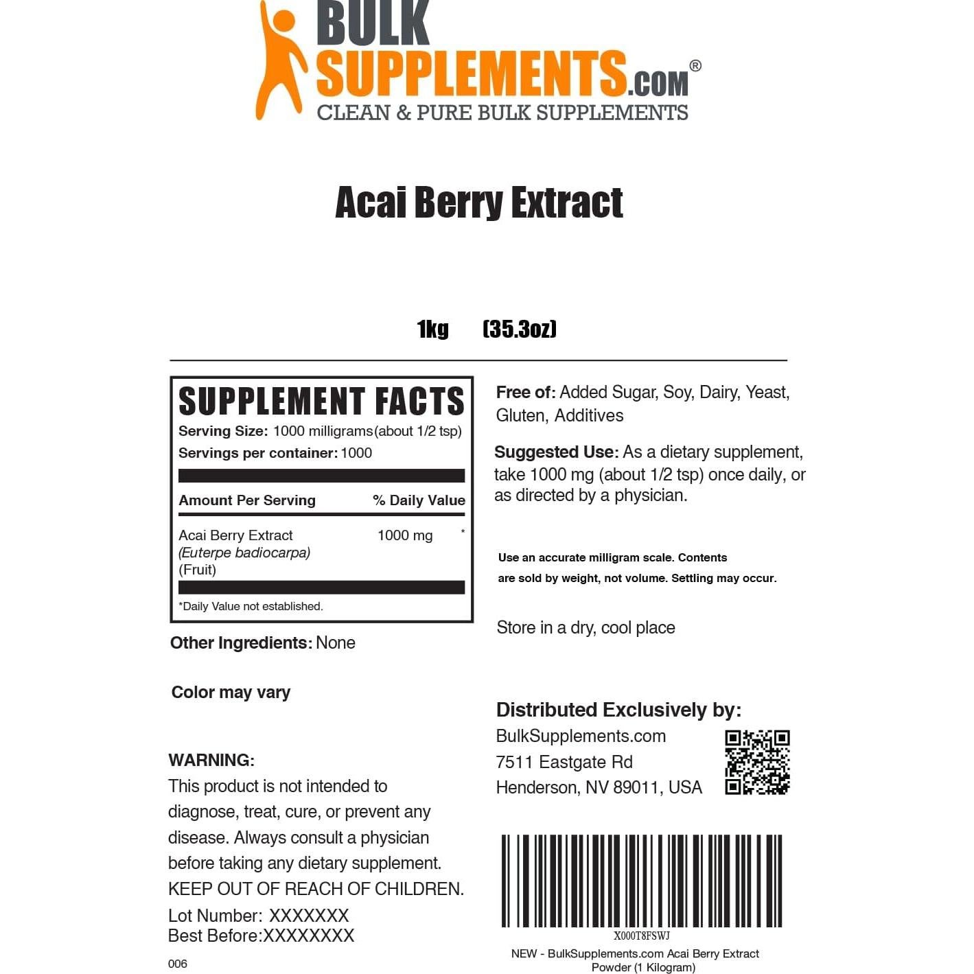 Polvo de Extracto de Baya de Acai BulkSupplements 1kg Antioxidantes