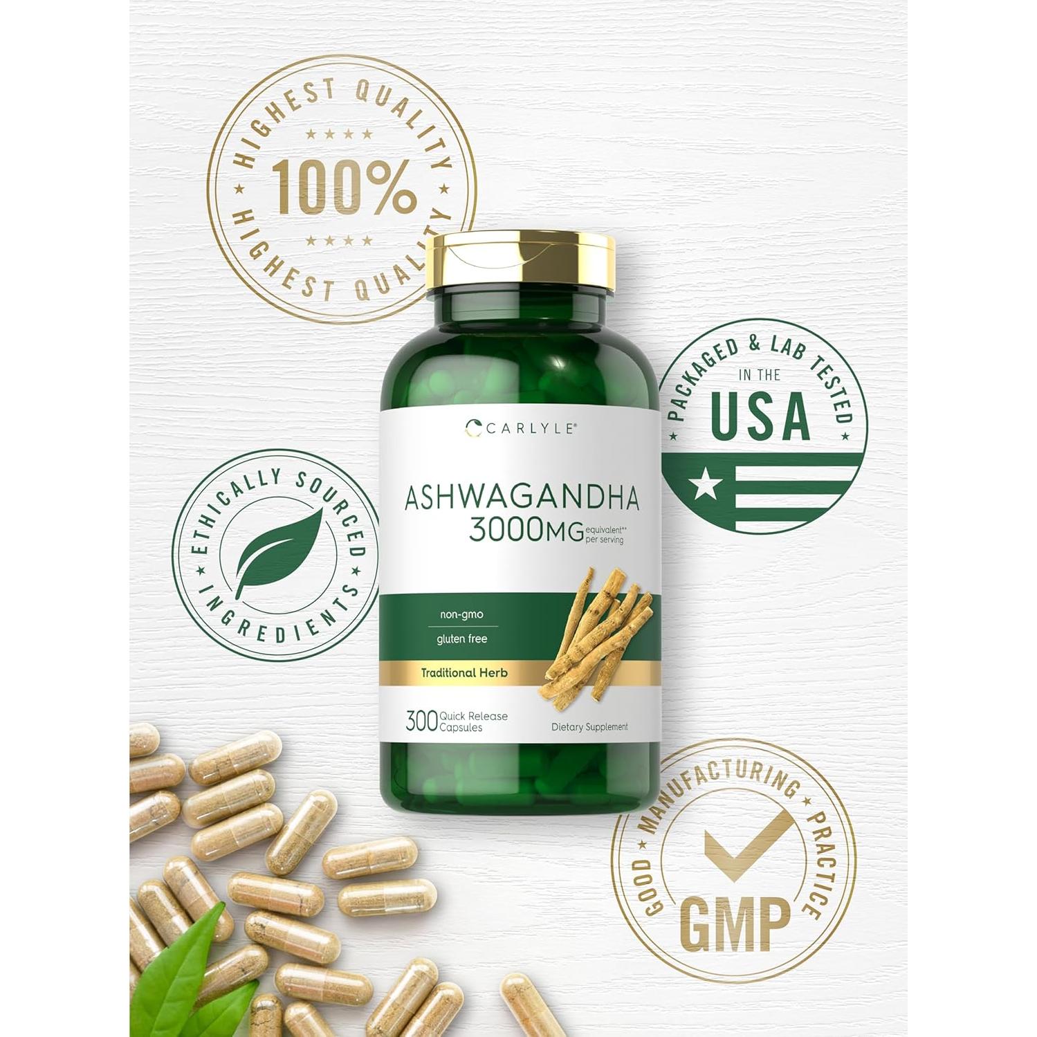 Suplemento de Ashwagandha Carlyle 3000mg - 300 Cápsulas Sin OGM