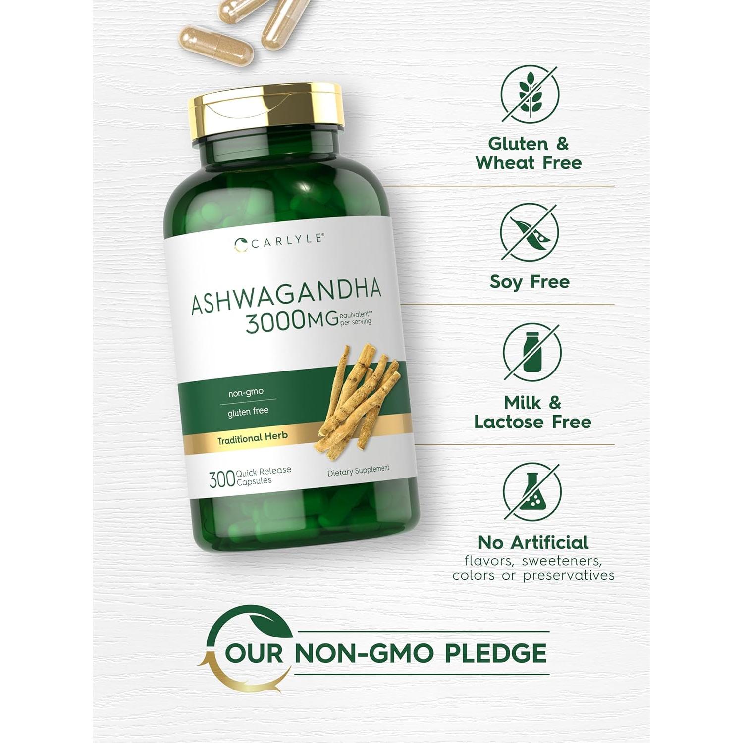 Suplemento de Ashwagandha Carlyle 3000mg - 300 Cápsulas Sin OGM