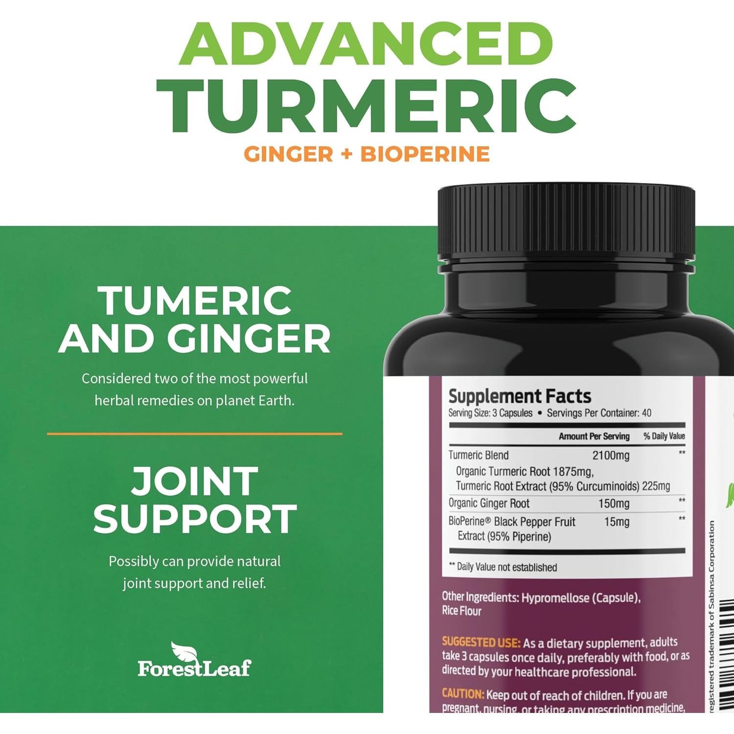 Suplemento de Cúrcuma Orgánica ForestLeaf 2265mg 120 Cápsulas