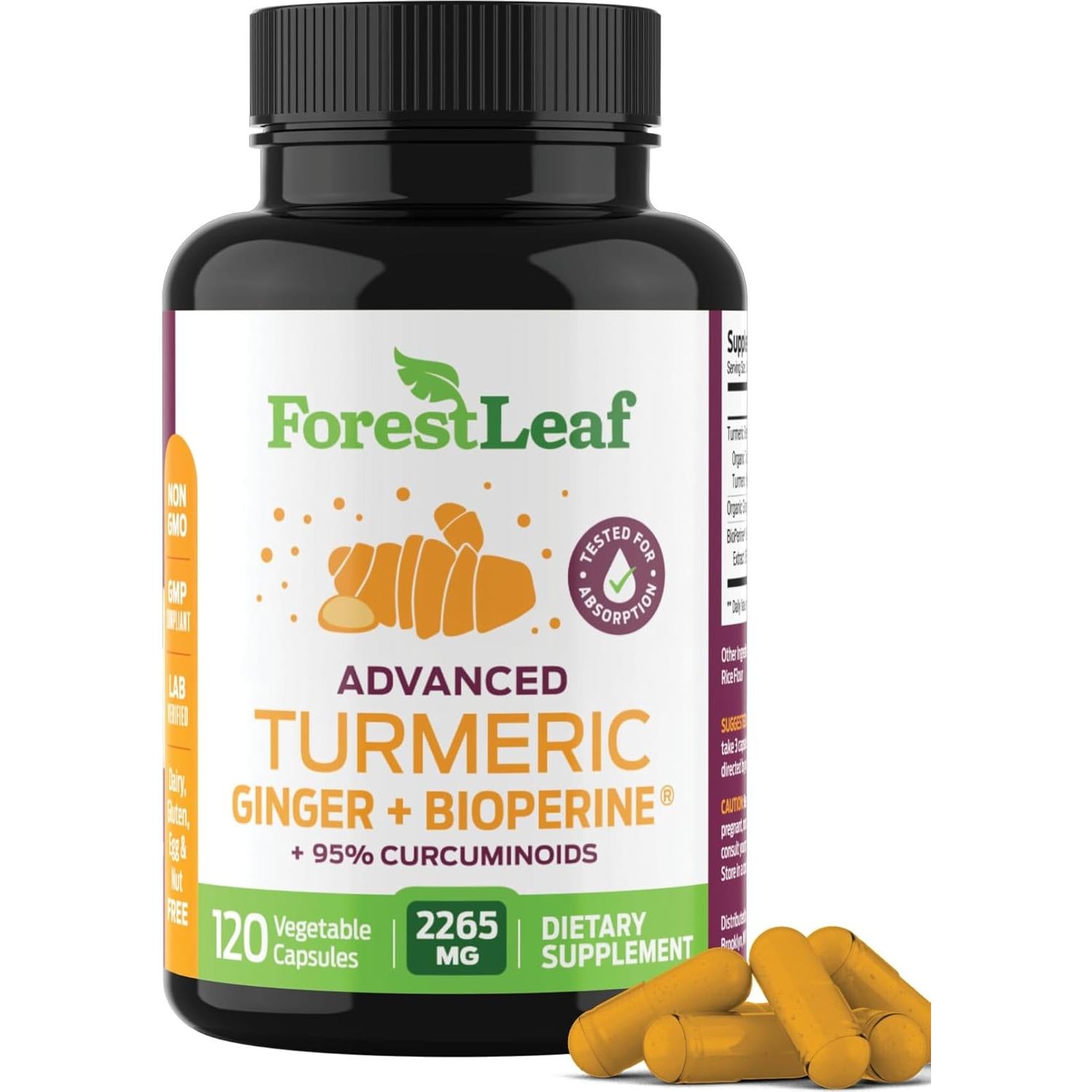 Suplemento de Cúrcuma Orgánica ForestLeaf 2265mg 120 Cápsulas