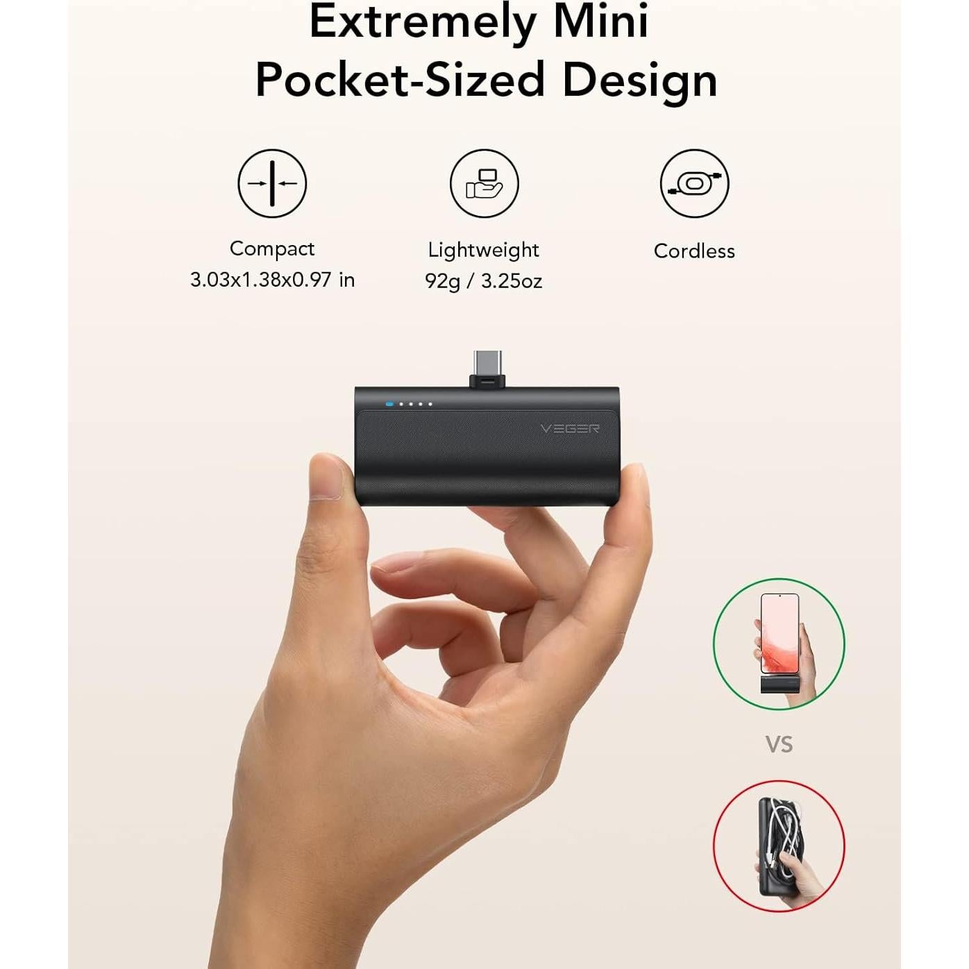 Cargadores Portátiles USB C VEGER 5000mAh 2 Paquetes Carga Rápida