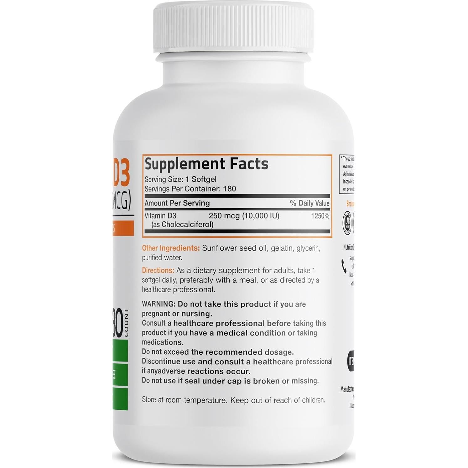 Vitamina D3 10,000 UI Bronson 180 Gelatinas Blandas - Apoyo Inmunológico