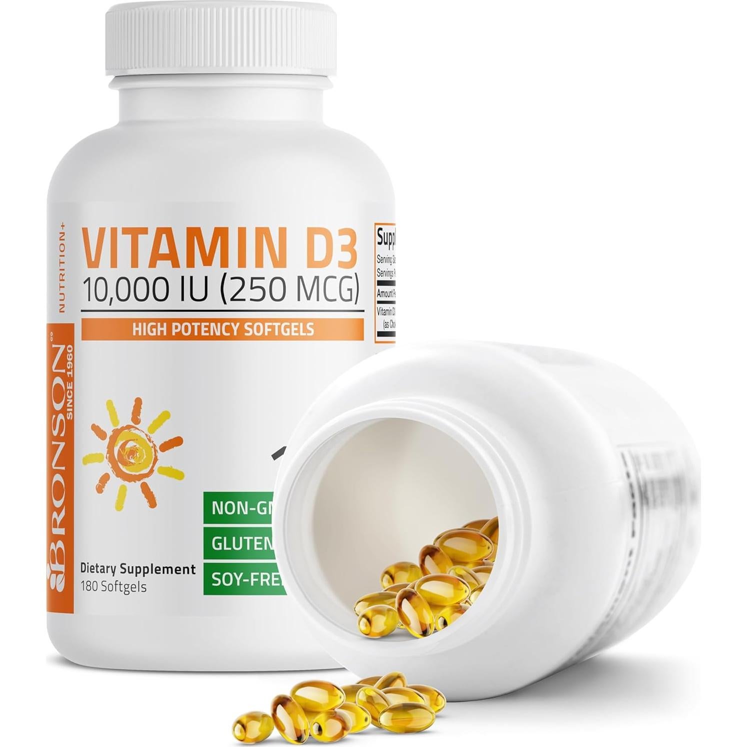 Vitamina D3 10,000 UI Bronson 180 Gelatinas Blandas - Apoyo Inmunológico