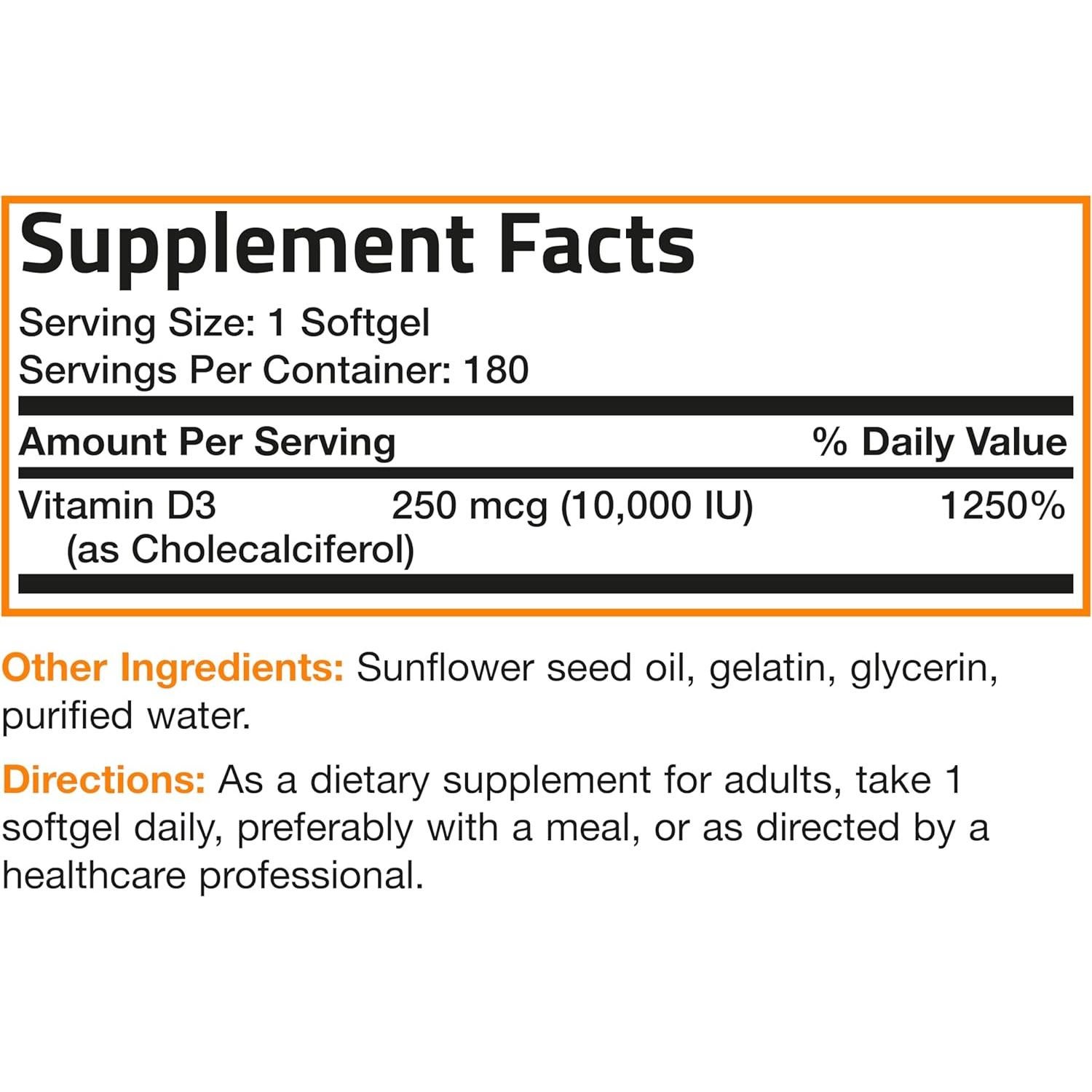 Vitamina D3 10,000 UI Bronson 180 Gelatinas Blandas - Apoyo Inmunológico