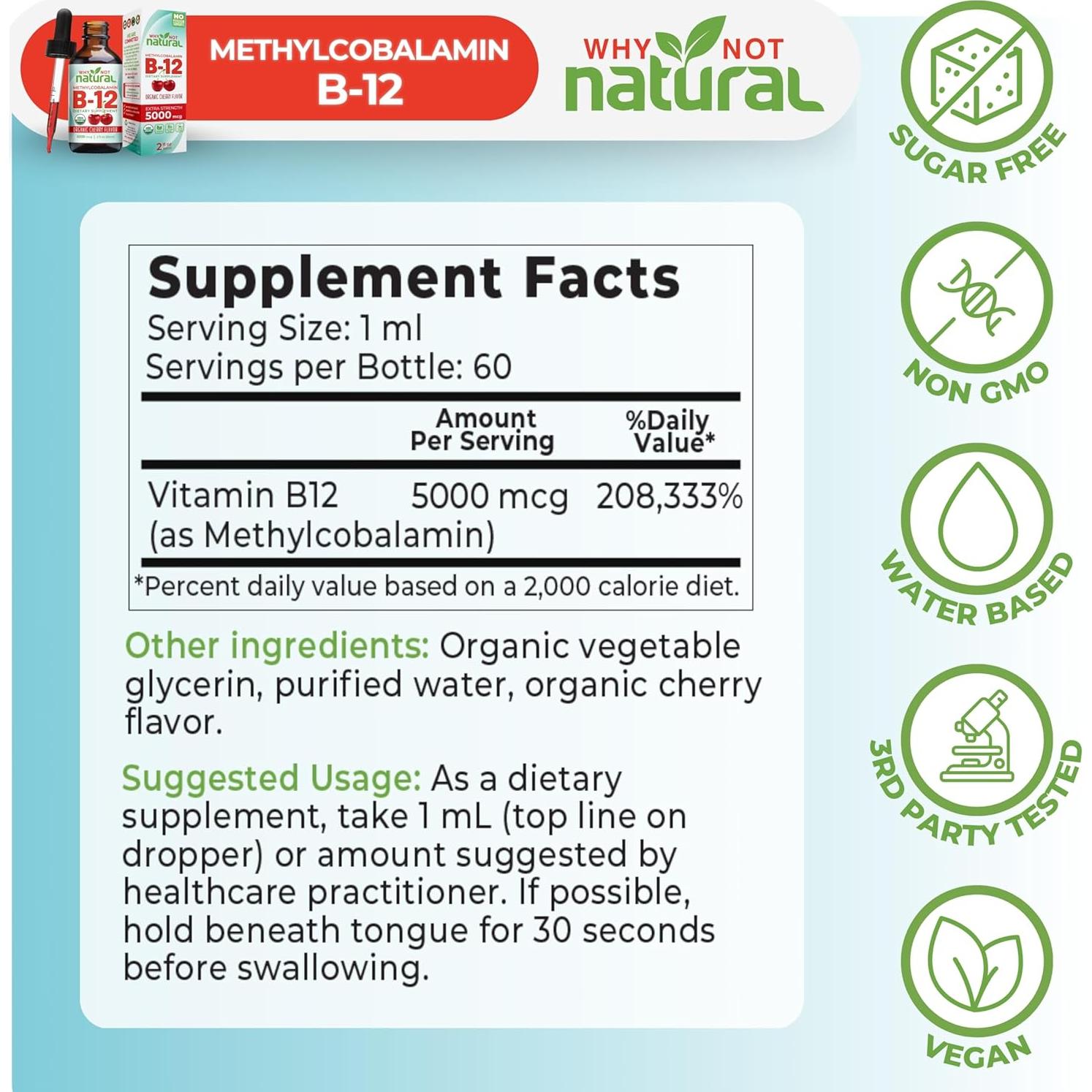 Vitamina B12 Líquida Orgánica Why Not Natural 5000 mcg 59 ml
