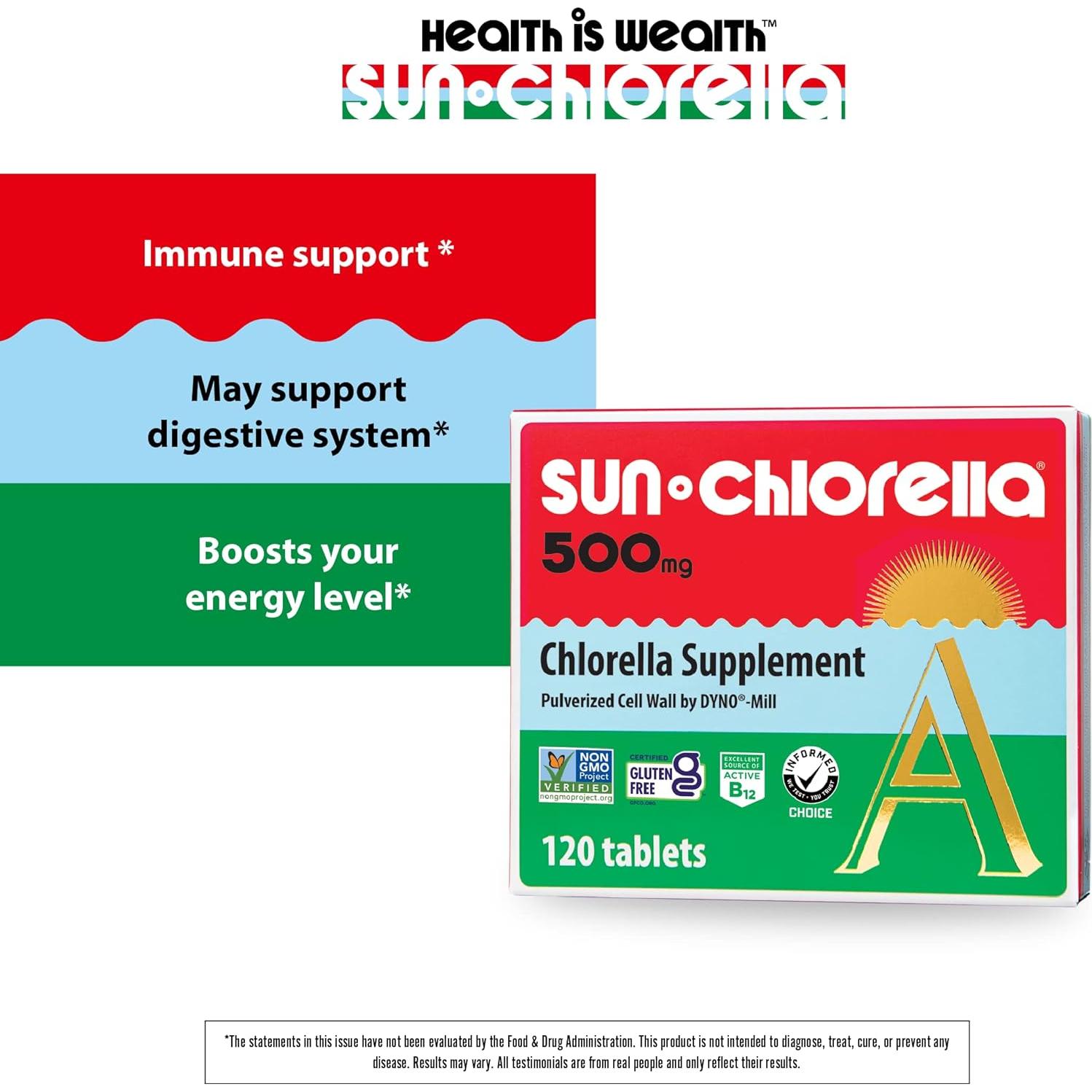 Sun Chlorella 500mg Suplemento de Algas Verdes 120 Tabletas