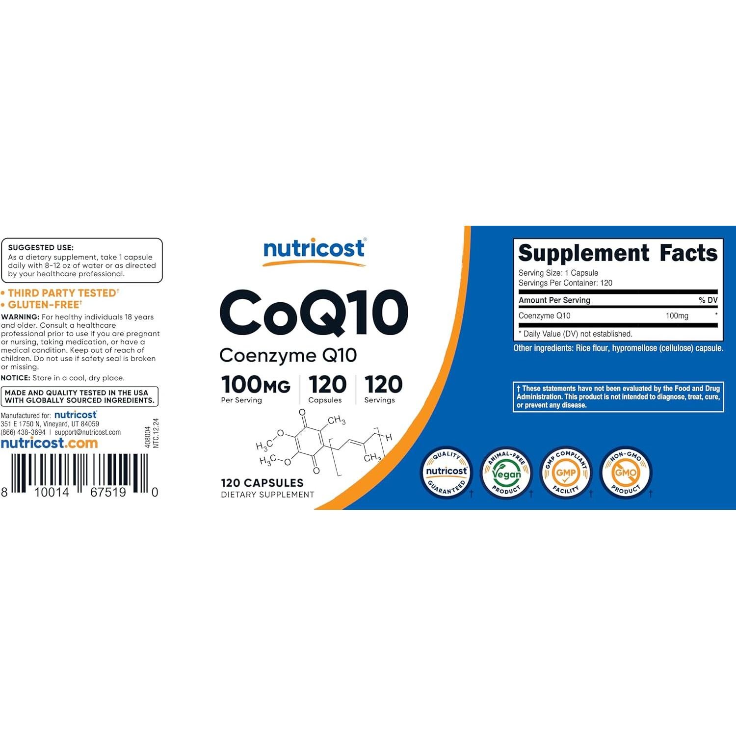 Nutricost CoQ10 100mg - 120 Cápsulas Vegetarianas Alta Absorción