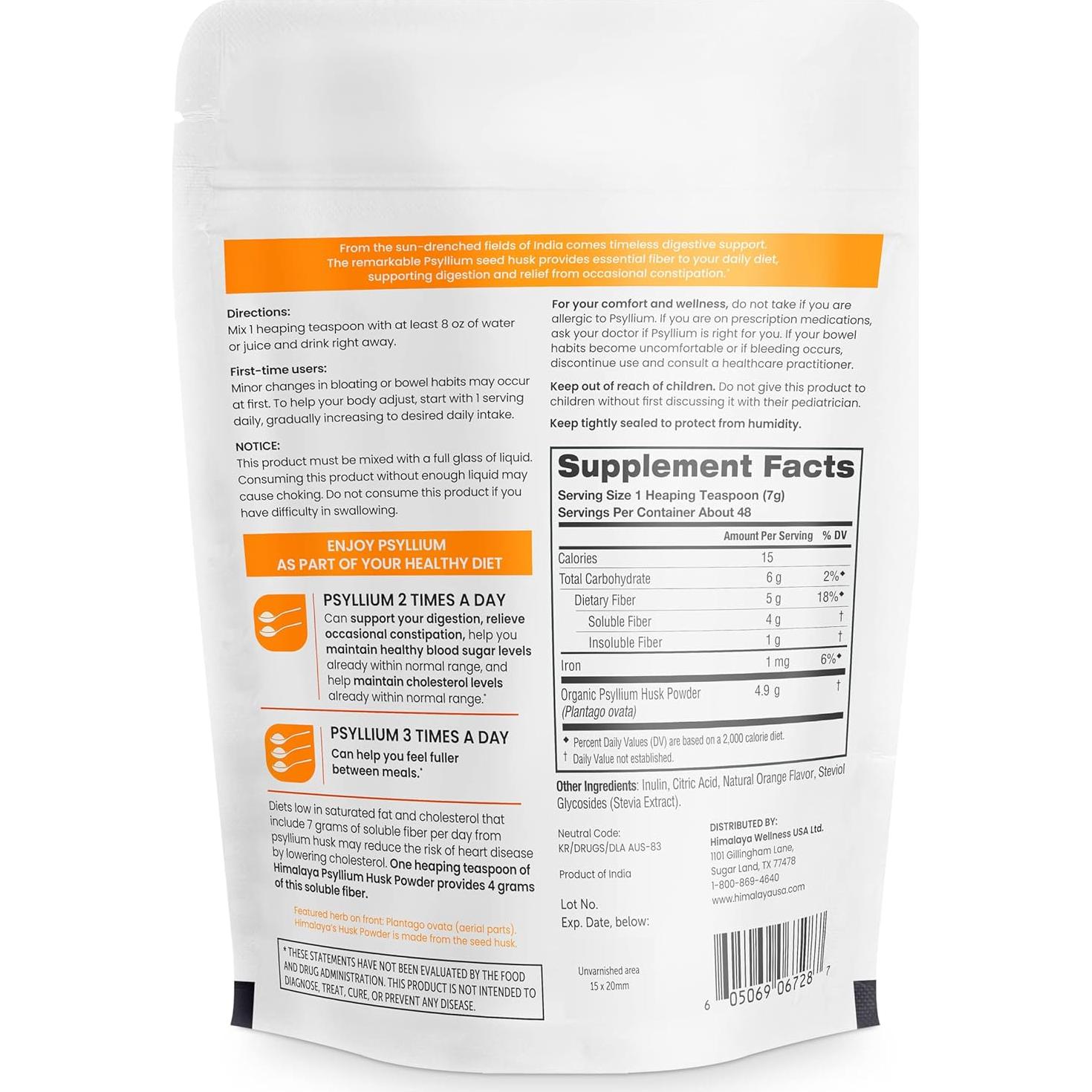 Polvo de Cáscara de Psyllium Naranja Himalaya 340 g - Suplemento Digestivo