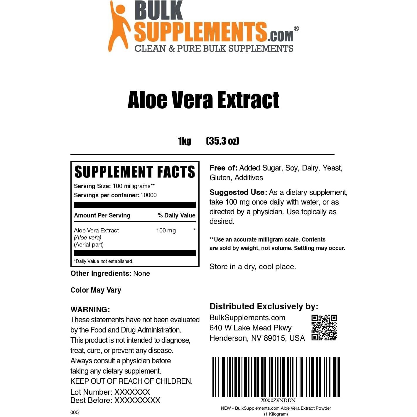 Extracto de Aloe Vera en Polvo BulkSupplements 1kg Vegano