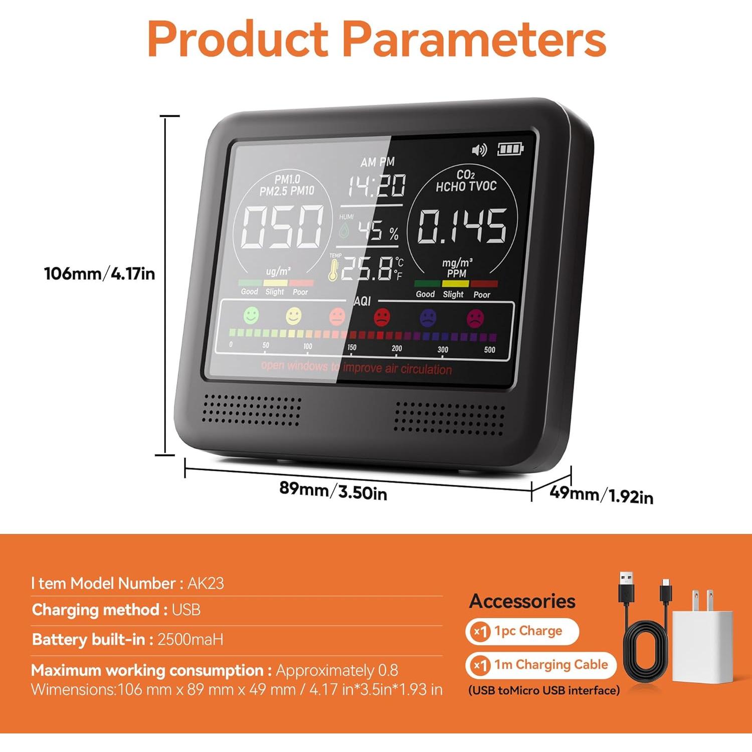Monitor de Calidad del Aire SpeedBoost AK23 16-en-1 PM2.5 CO2