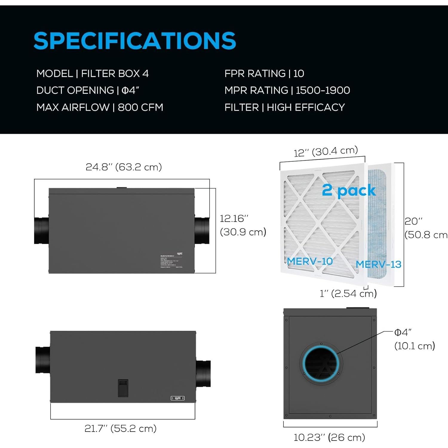 Caja de Filtro AITECAC 4 Pulgadas con Filtros MERV10 y MERV13