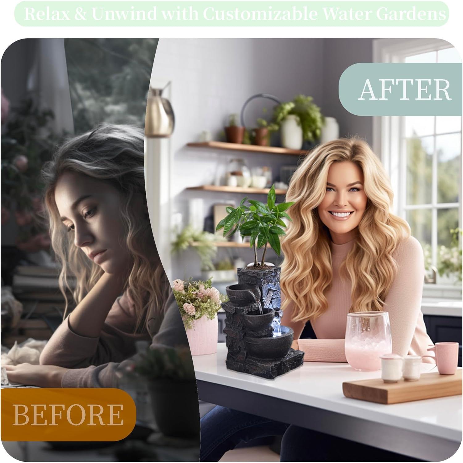 Fuente de Mesa Interior MAOCHI con Iluminación LED y Vaso para Plantas