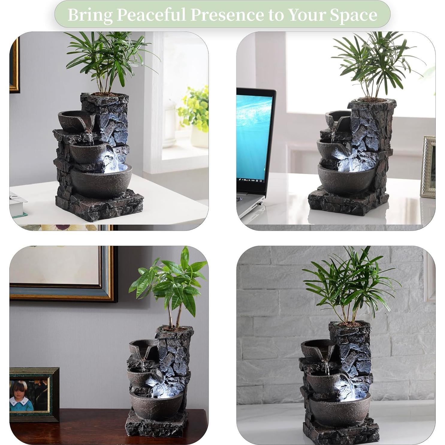 Fuente de Mesa Interior MAOCHI con Iluminación LED y Vaso para Plantas