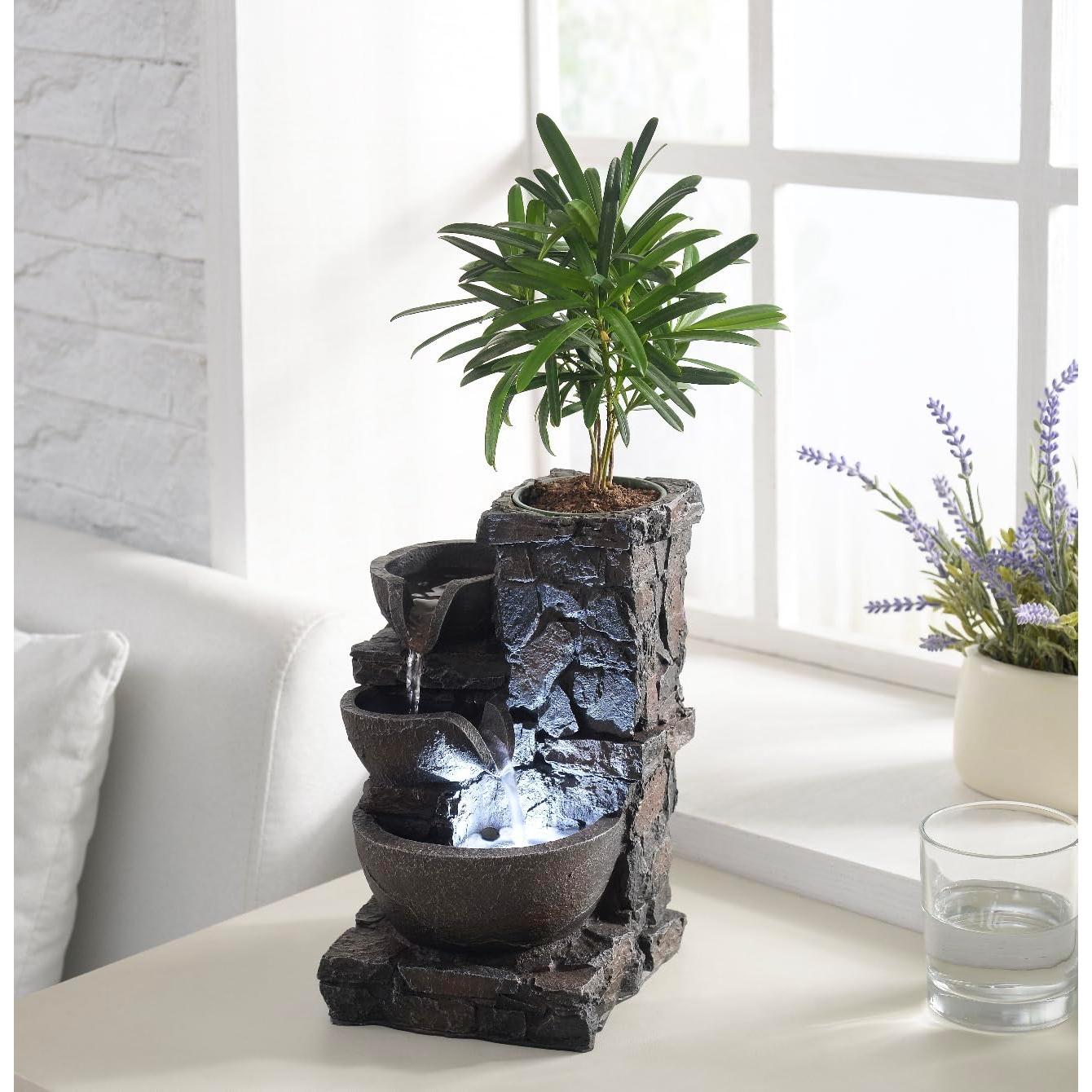 Fuente de Mesa Interior MAOCHI con Iluminación LED y Vaso para Plantas