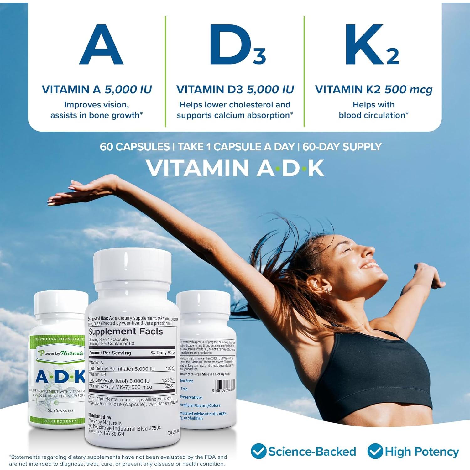 Suplemento Vitamina ADK Power By Naturals 5000 IU 60 Cápsulas
