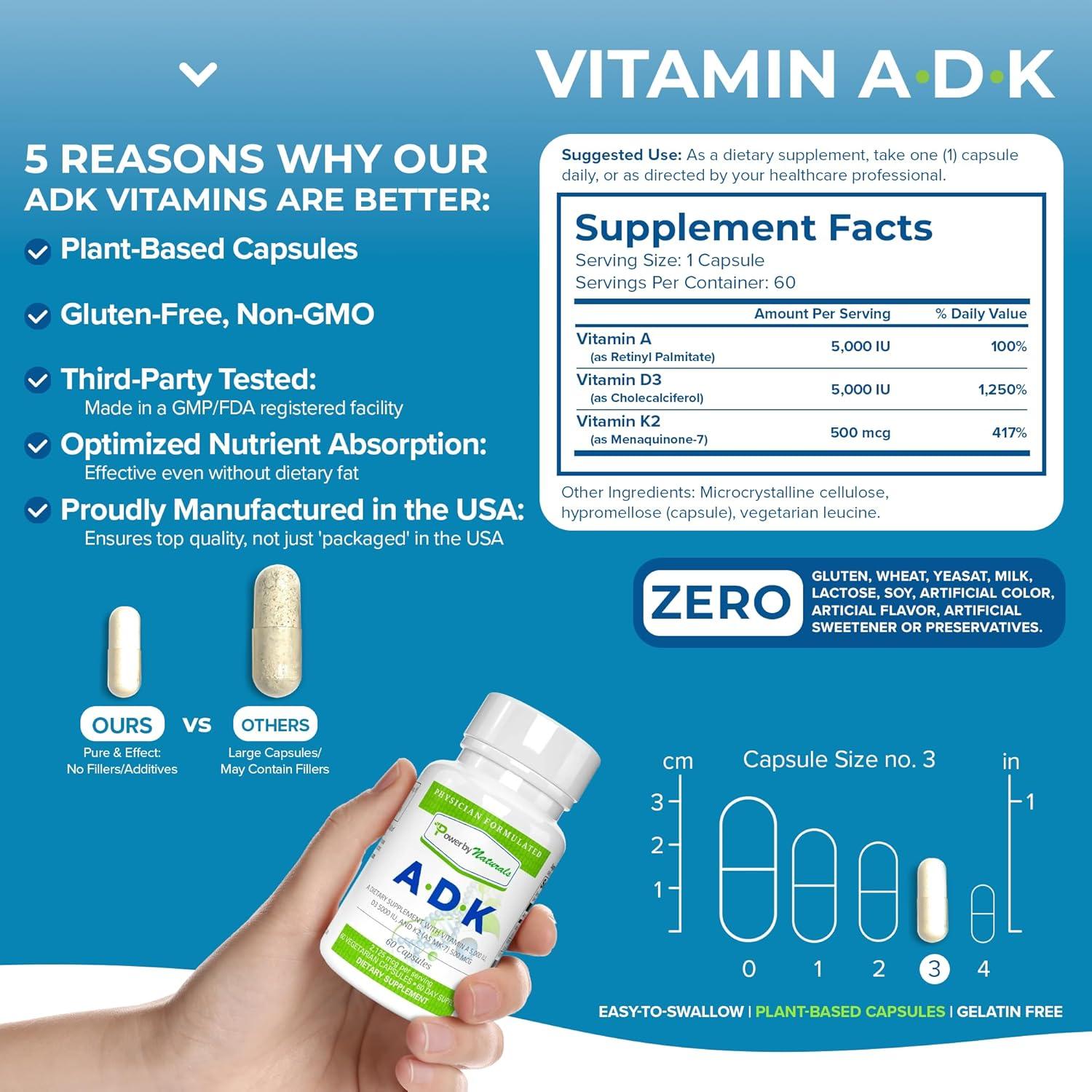 Suplemento Vitamina ADK Power By Naturals 5000 IU 60 Cápsulas