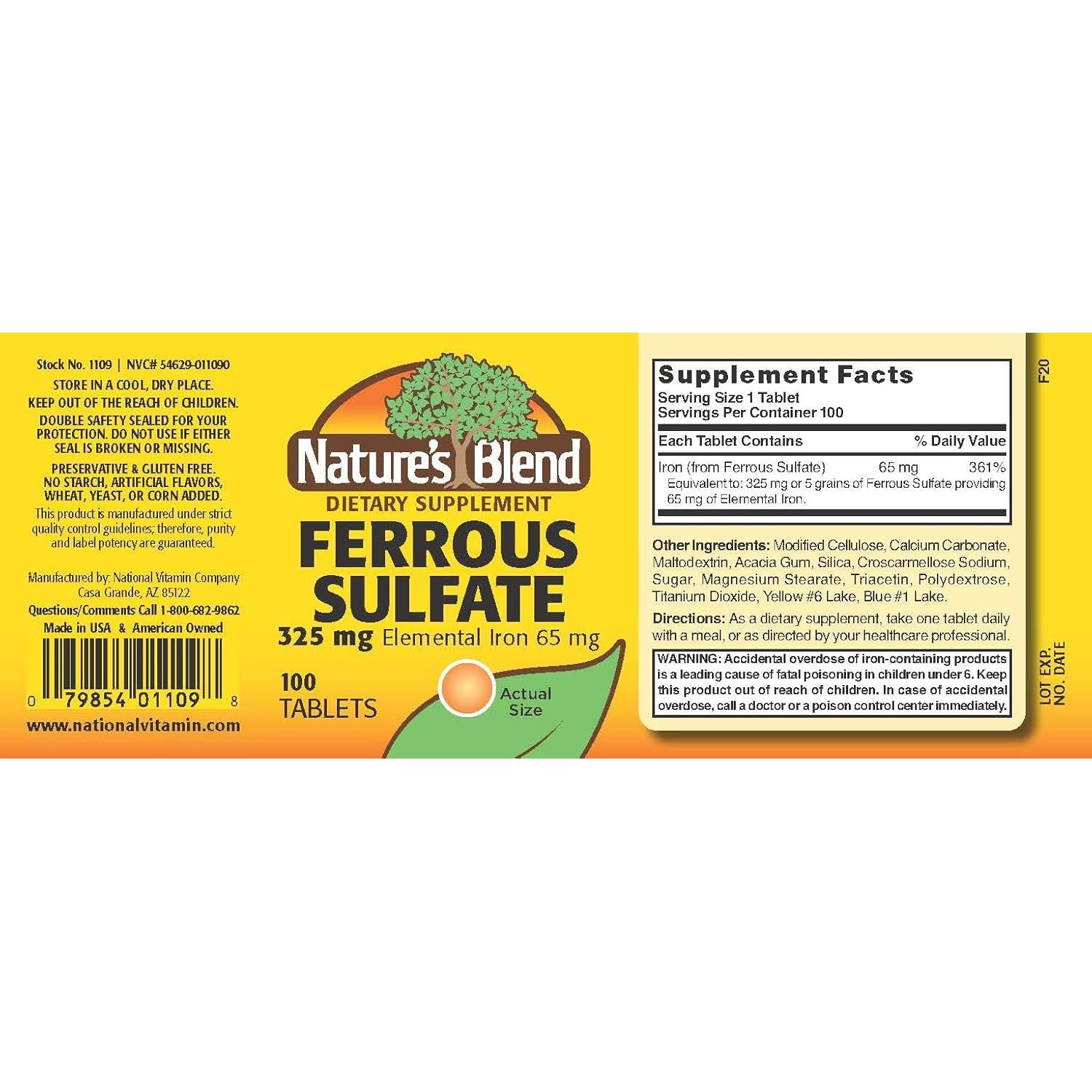 Sulfato Ferroso 325mg Mezcla de la Naturaleza 100 Tabletas