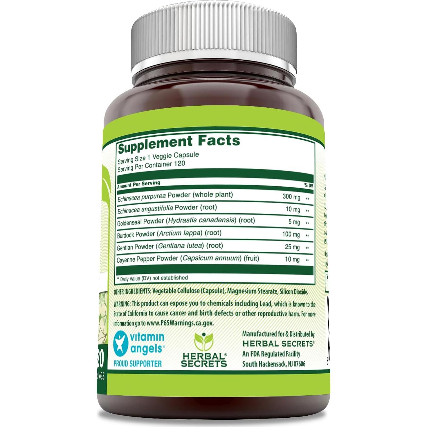 Suplemento Echinacea y Goldenseal Herbal Secrets 450 mg 120 Cápsulas