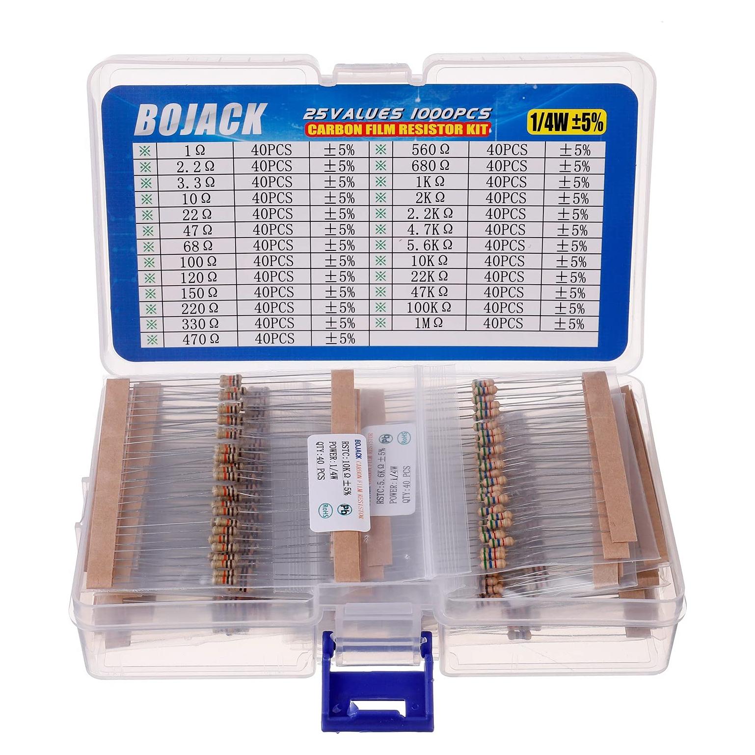 Kit de Resistencias BOJACK 1000 Piezas 25 Valores 1 Ohm-1M Ohm