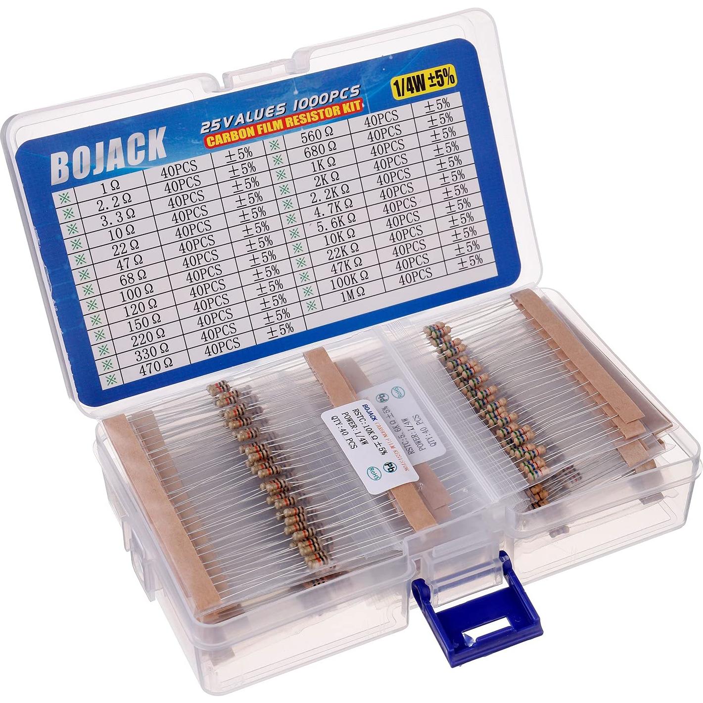 Kit de Resistencias BOJACK 1000 Piezas 25 Valores 1 Ohm-1M Ohm