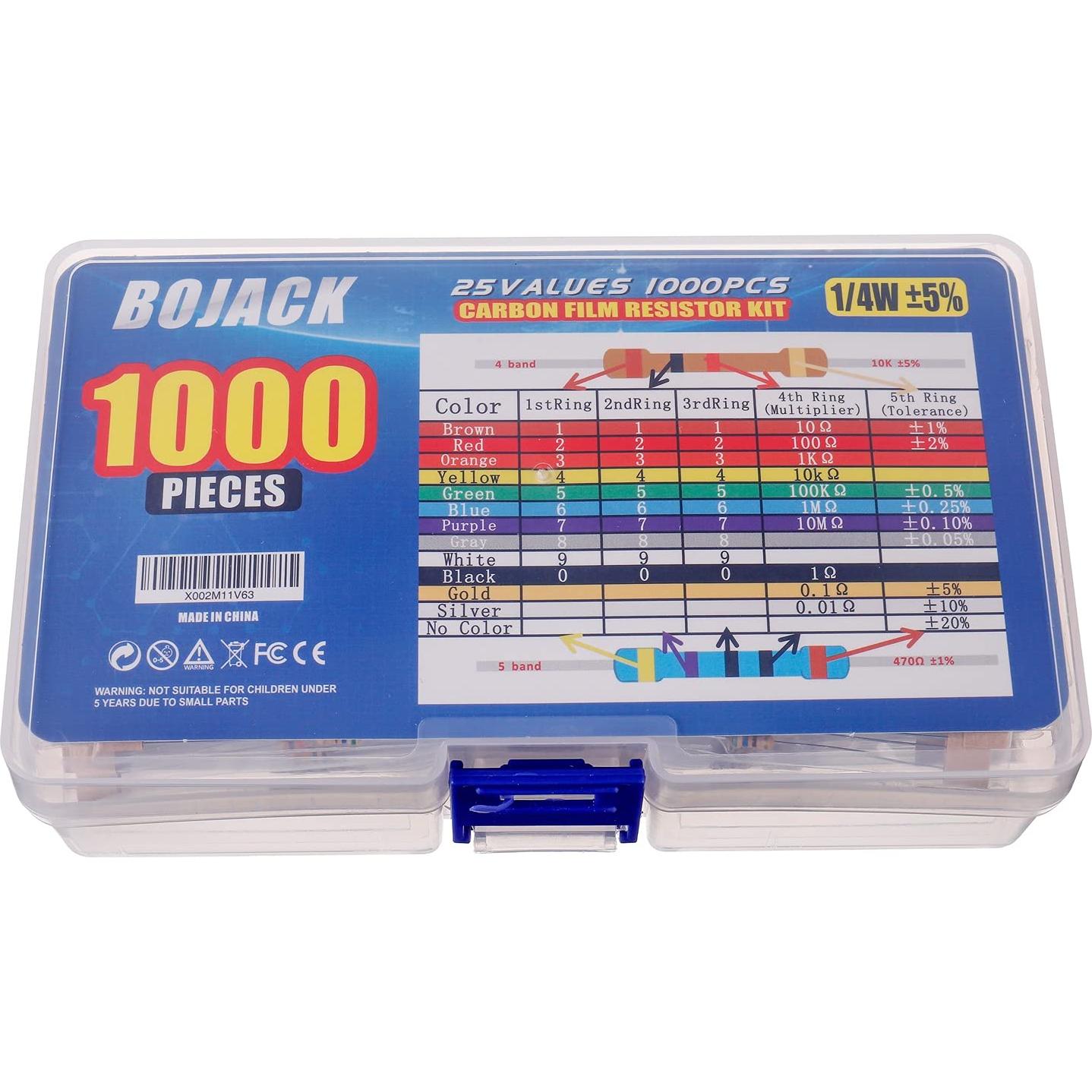 Kit de Resistencias BOJACK 1000 Piezas 25 Valores 1 Ohm-1M Ohm