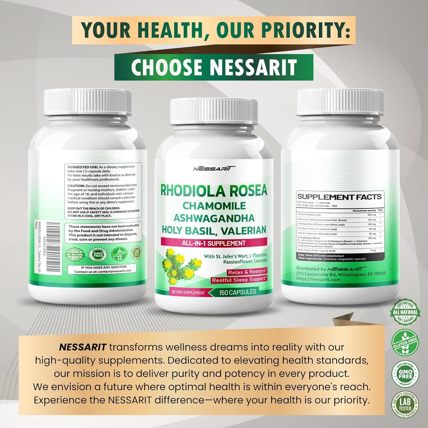 Suplemento de Rhodiola Rosea Nessarit 150 Cápsulas 11 Ingredientes