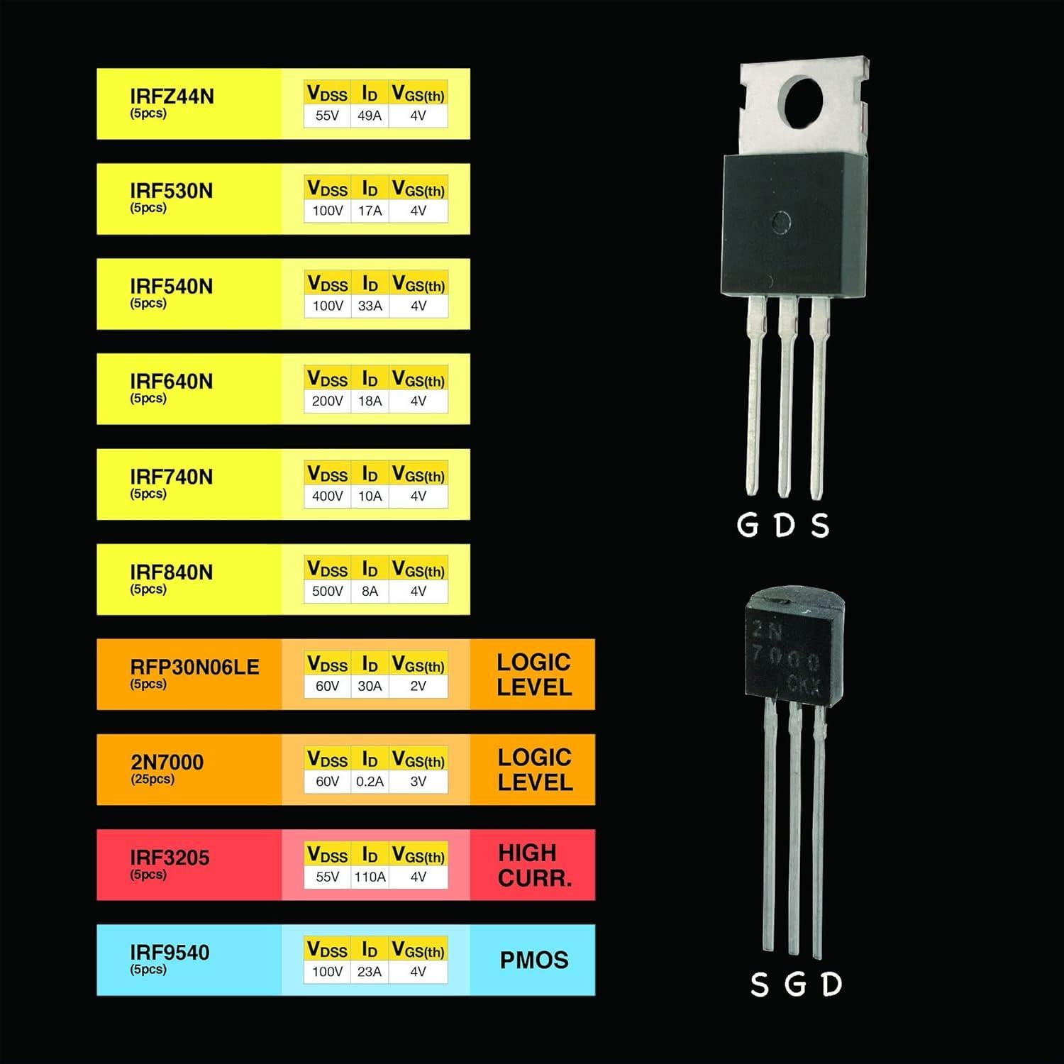 Kit de 70 Transistores MOSFET EEEEE 10 Valores NMOS PMOS