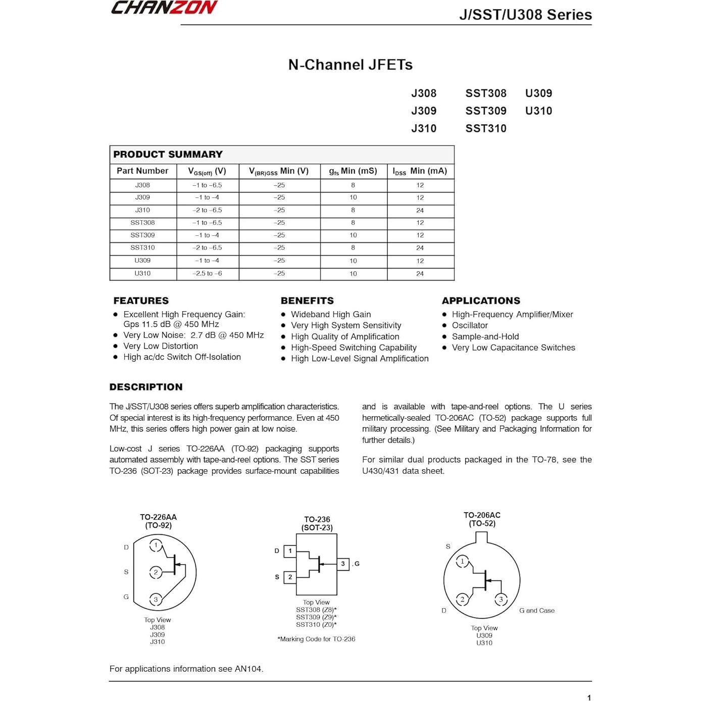 Transistor JFET Canal N Chanzon J310 TO-92 Paquete 10 Piezas