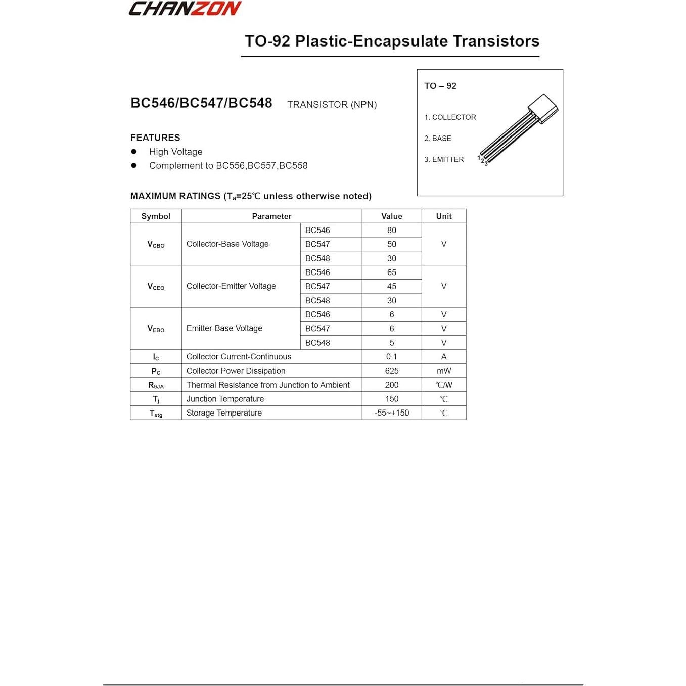 Transistor NPN Chanzon BC547B TO-92 100 Piezas 0.625W